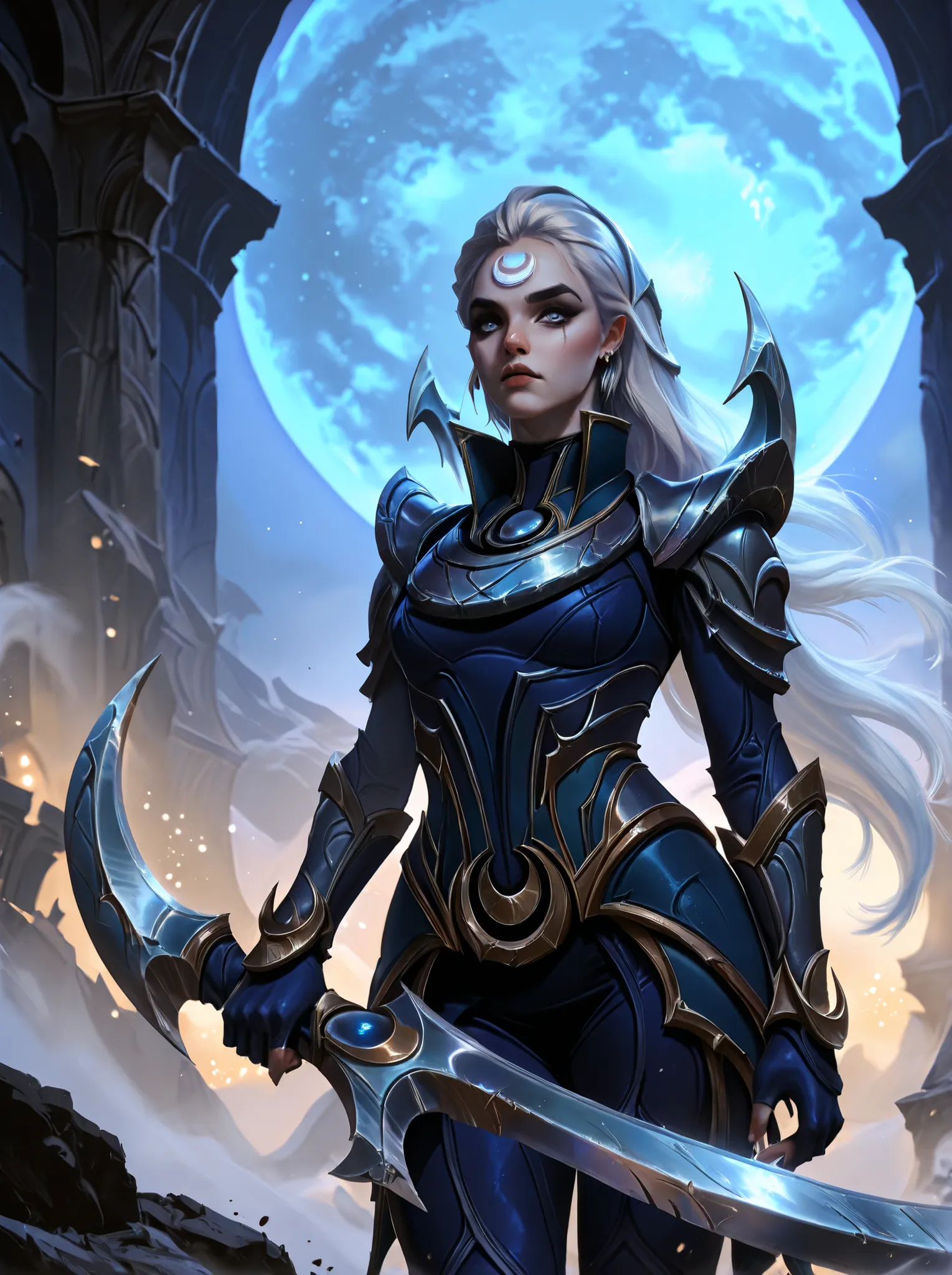 Diana from League of Legends, standing in a moonlit battlefield, long silver hair flowing, piercing pale blue eyes, wearing dark armor with silver crescent moon motifs, holding her (large), (curved crescent) blade, dramatic backlighting from a full moon, s...