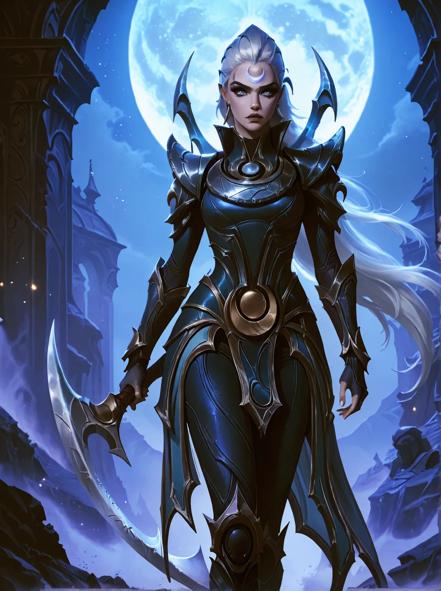 Diana from League of Legends, standing in a moonlit battlefield, long silver hair flowing, piercing pale blue eyes, wearing dark armor with silver crescent moon motifs, holding her (large), (curved crescent) blade, dramatic backlighting from a full moon, s...