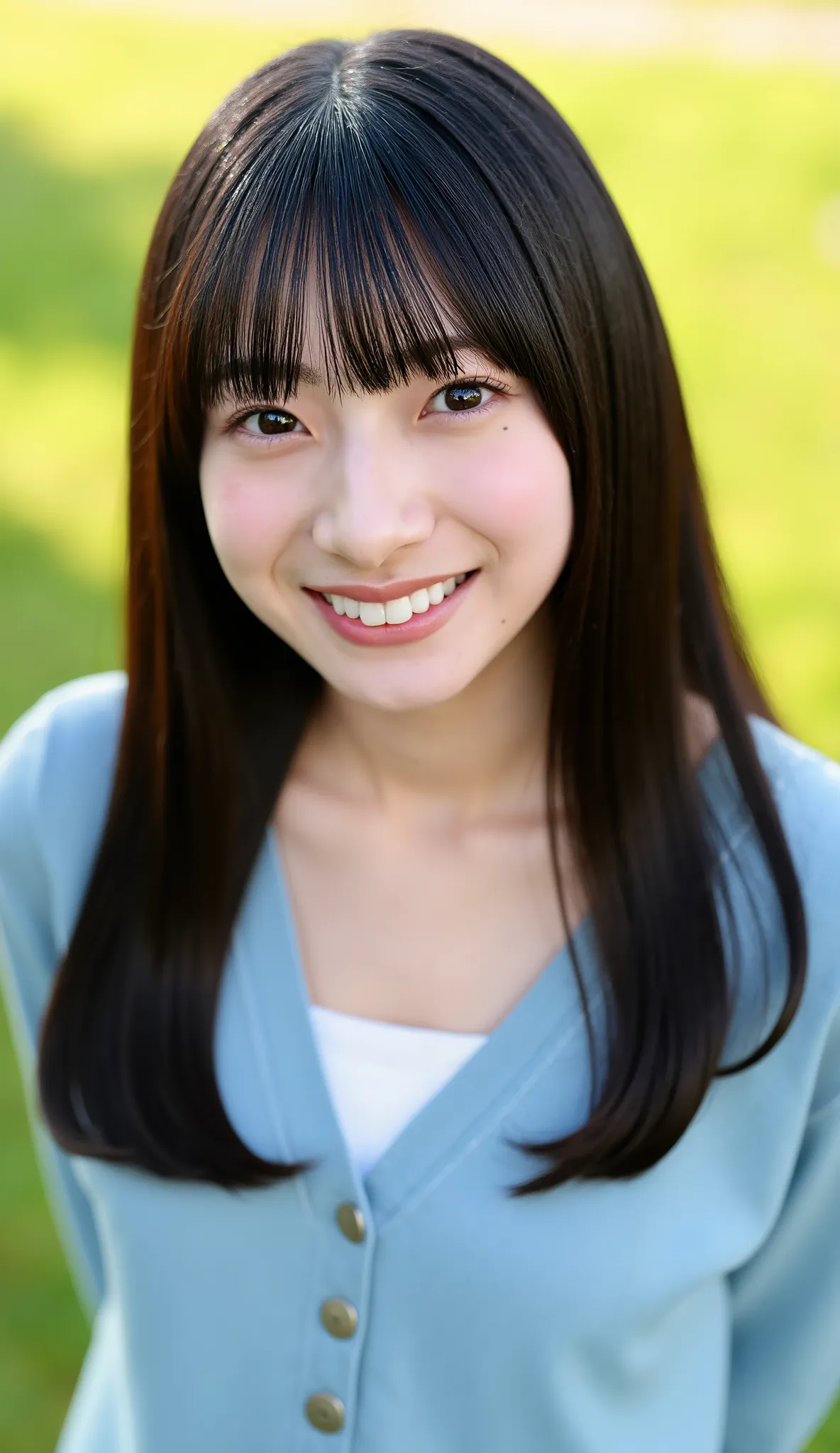 This is a photograph of a young woman named Sumire. She has long, straight, black hair with bangs that frame her face. Her skin is fair, and she has a youthful, smooth complexion. Sumire is smiling warmly, revealing her white teeth. She has a small beauty ...