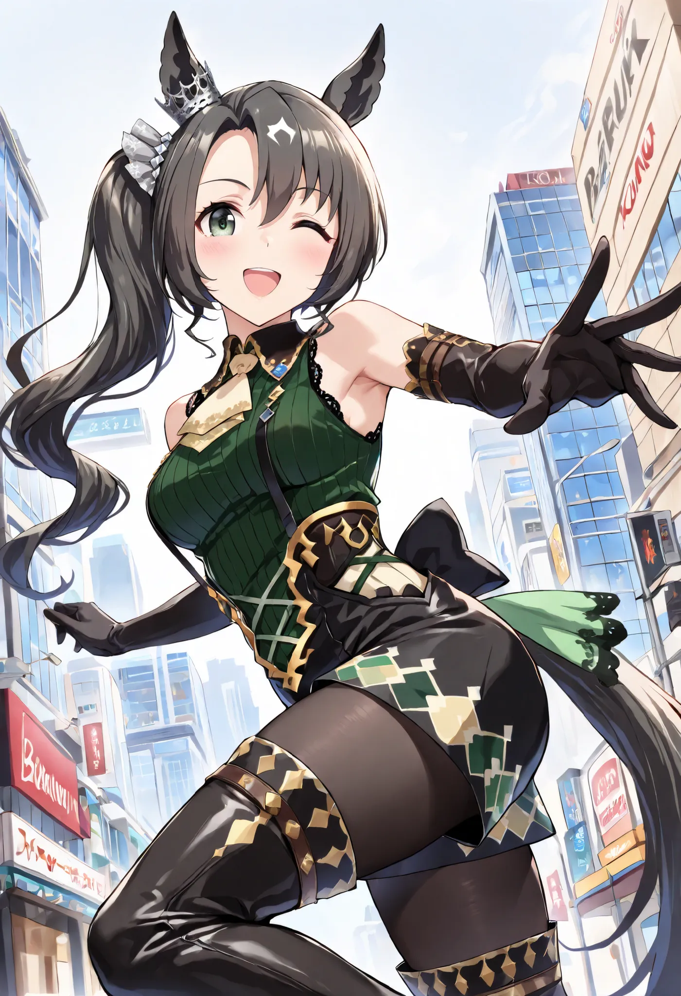 (masterpiece, best quality, perfect face:1.4), wide angle, satono crown \(umamusume\), 1girl, side ponytail, hair scrunchie, horse ears, ear ornament, horse tail, tail on the lower back, proportional, beautiful hair, beautiful face, beautiful detailed eyes...
