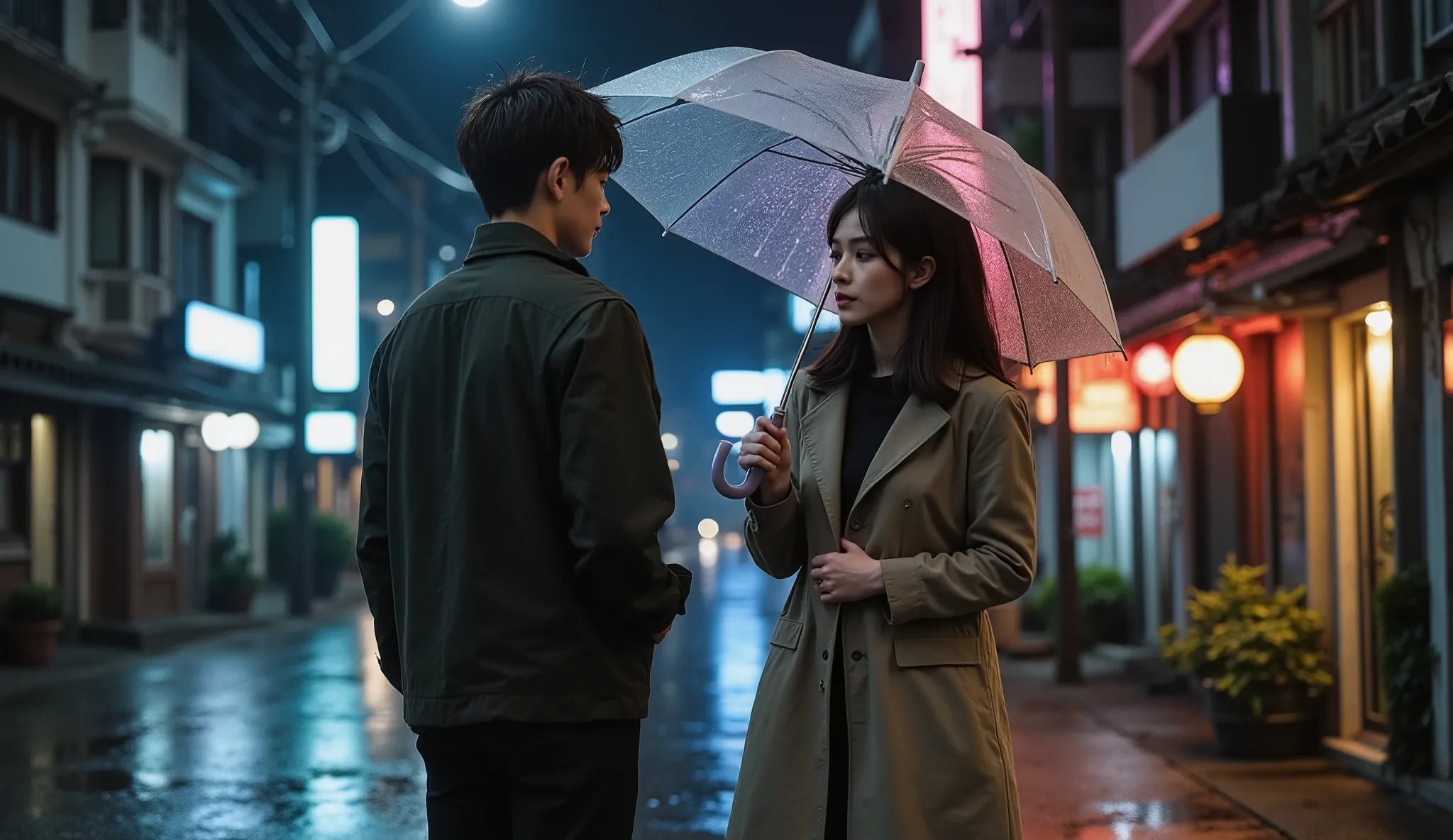 city streets at dusk，The rain just stopped，and the floor is a bit damp。with neon lights in the distance reflected in the puddle of the street。In the center of the picture is a pair of handsome Asian guys and beautiful women，The atmosphere is slightly heavy...