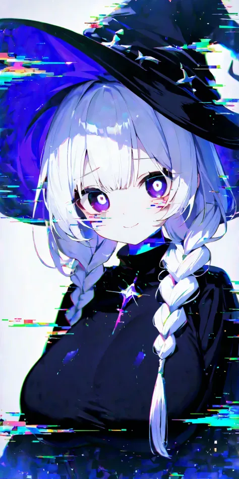 1girl, masterpiece, best quality, general, 0__11Xx_illu, 15546+456868, CHARACTER FOCUS, (glitchy noise),(multicolor glitch, glitch), overly detailed pupils, large breast, braids, bittersweet smile, white hair, white skin, cute eyes, witch girl, witch hat, ...