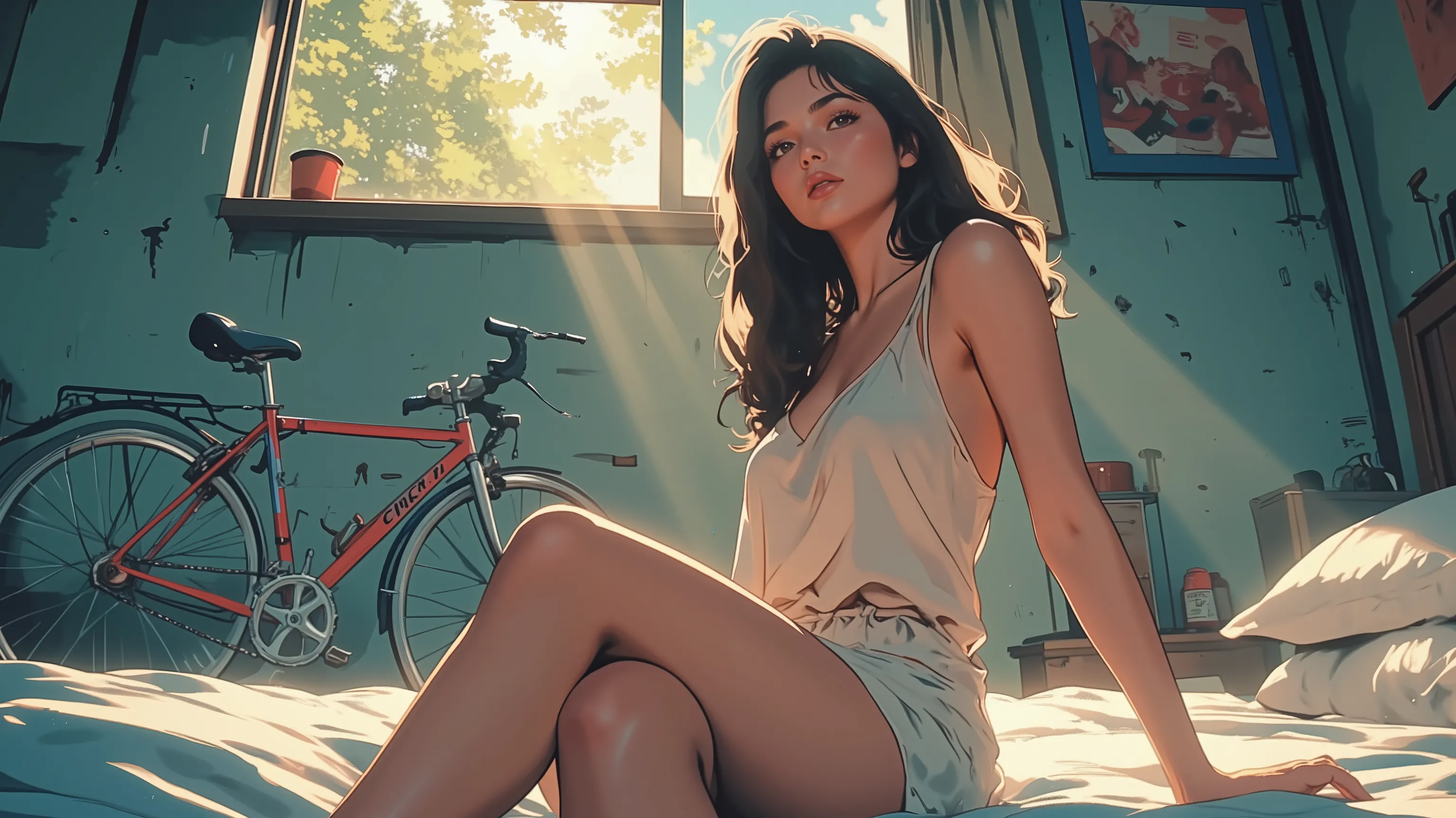 
masterpiece, high quality, 4k, best quality, dynamic lighting, first-person view, Anime style scene from a first-person perspective. A tall young woman with dark long hair, wearing a thin white nightgown, sits beside the viewer on a bed. Morning sunlight ...