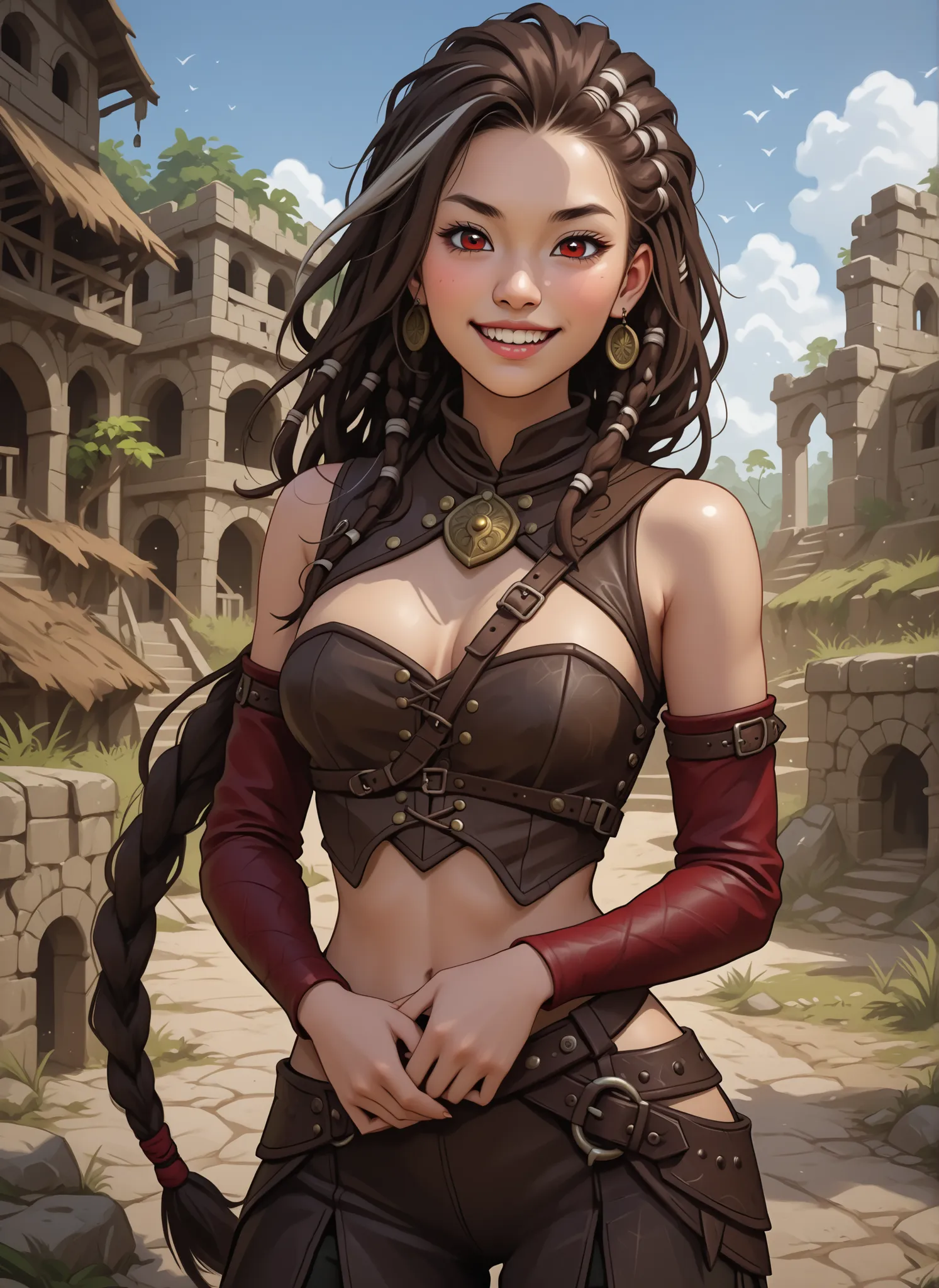 Slender body. White skin. Cute 18-year-old Asian girl with Asian red eyes and sharp teeth and dreadlocks with white highlights. She has a cute and beautiful face. She has a round and young face with a pointy chin. Her body is athletic with abs. She wears m...