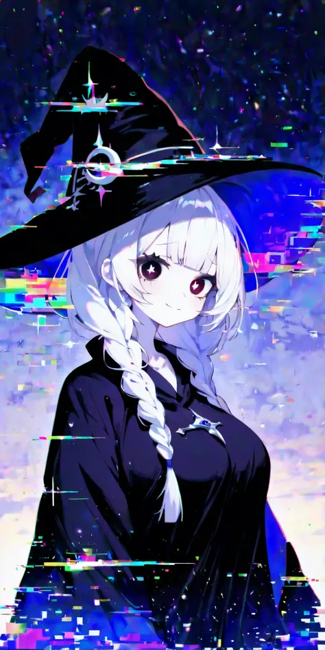 1girl, masterpiece, best quality, general, 0__11Xx_illu, 15546+456868, CHARACTER FOCUS, (glitchy noise),(multicolor glitch, glitch), overly detailed pupils, large breast, braids, bittersweet smile, white hair, white skin, cute eyes, witch girl, witch hat, ...