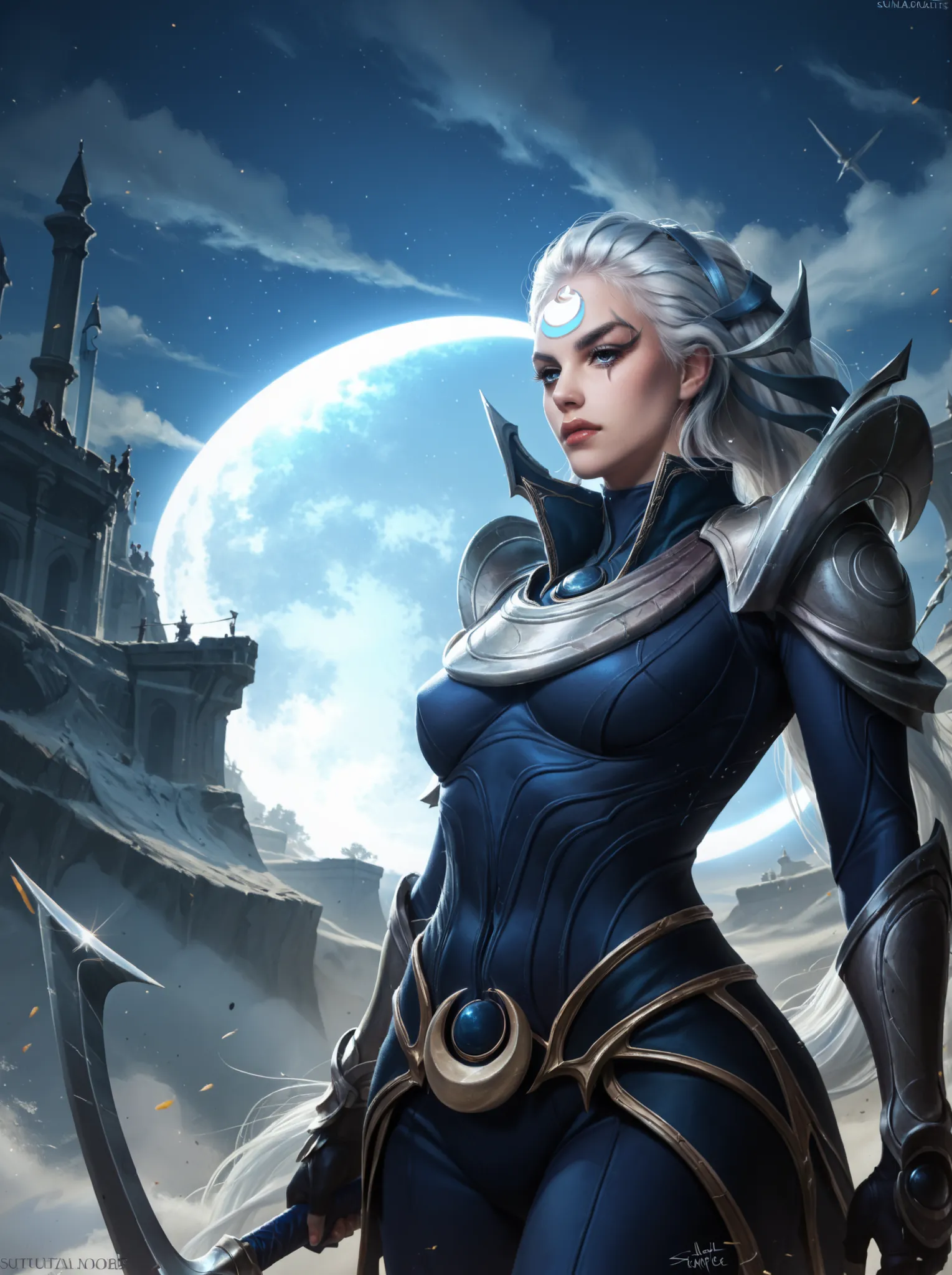 Diana from League of Legends, standing in a moonlit battlefield, long silver hair flowing, piercing pale blue eyes, wearing dark armor with silver crescent moon motifs, holding her (large), (curved crescent) blade, dramatic backlighting from a full moon, s...