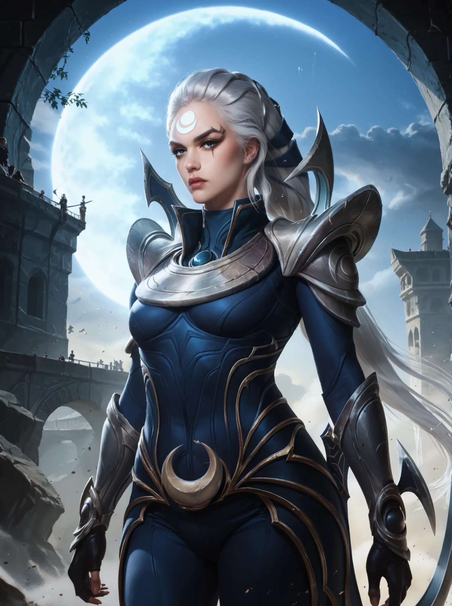 Diana from League of Legends, standing in a moonlit battlefield, long silver hair flowing, piercing pale blue eyes, wearing dark armor with silver crescent moon motifs, holding her (large), (curved crescent) blade, dramatic backlighting from a full moon, s...