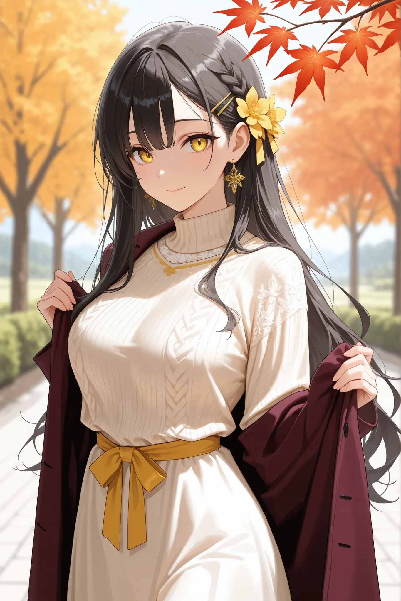 score_9, score_8_up, score_7_up, masterpiece, best quality, detailed face, 1 girl, solo, beautiful, modest chest, slender body, mature, light makeup, adorable, sharp eyes, closed mouth, gentle smile,
Very long hair, wavy black hair, side bangs, short tidy...