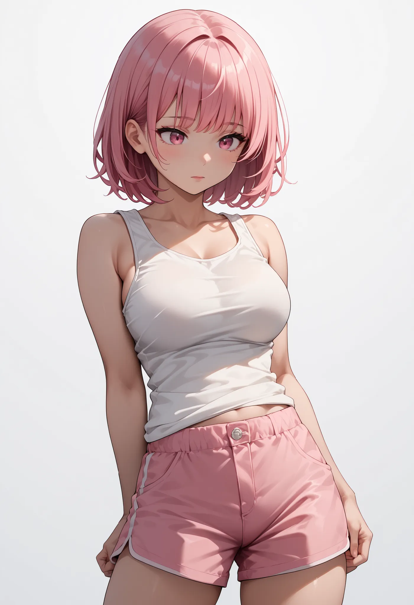 source_anime ,score_9, score_8_ up, score_7, ((White background)) ((japan woman)) ((1girl)) (solo girl) ,26 years old, rathing_questionable ,smooth, straight hair (white tank top:1.4) (pink shorts:1.2) ((Medium bob hair)), pink eyes ,(pink straight hair ...