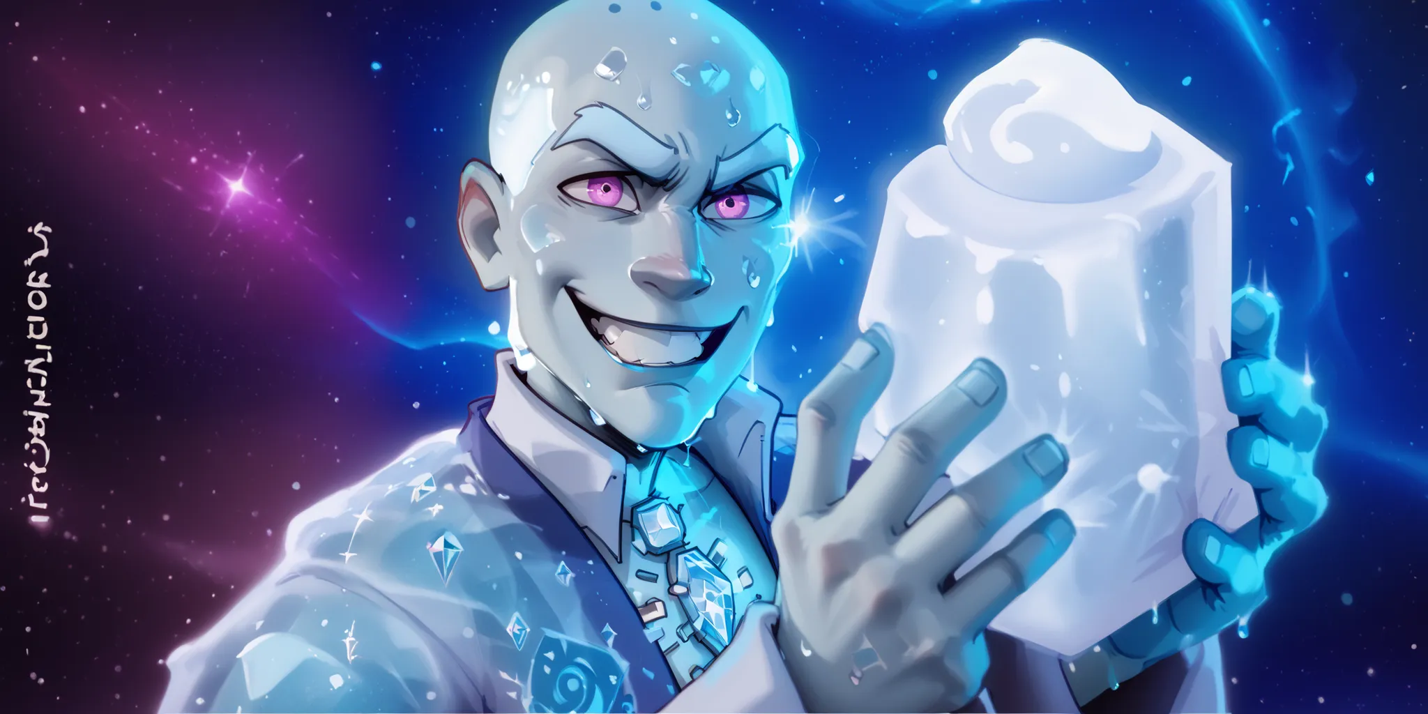 2d flat cartooon portrayal of Mr. Freeze, a villain from a comic book. He is depicted against a backdrop of a swirling, deep purple and blue nebula, filled with stars.  Mr. Freeze, with a bald head and icy blue skin, displays a mischievous grin.  His eyes ...