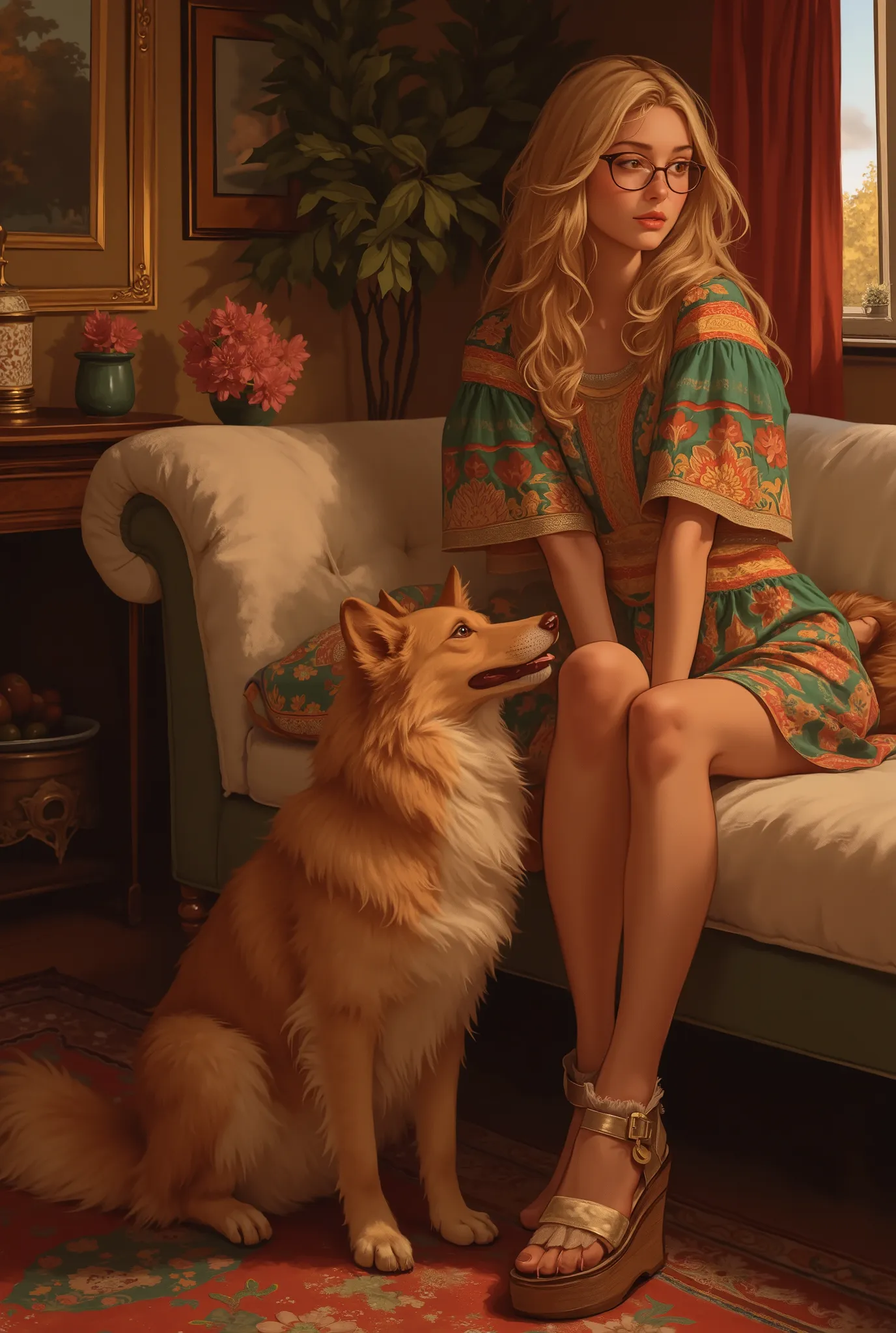 ((Highest Quality、masterpiece、high sensitivity、high resolution、detailed depiction、rushing home、Fvalue:6.0),((Slender Woman、wearing glasses)),ethnic pattern dress、platform sandals、sitting on the sofa、Next to it is a Borzoi、
