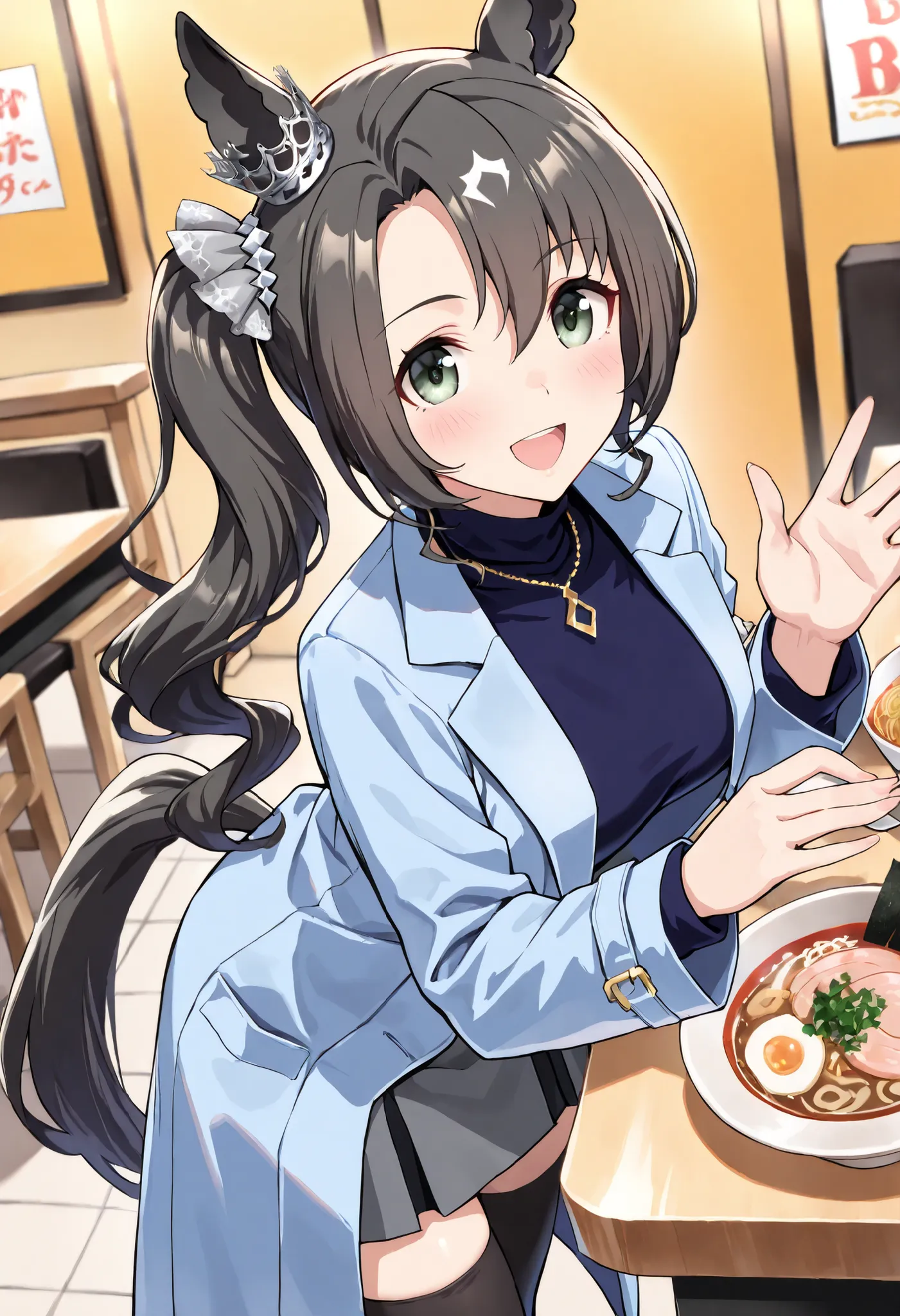 (masterpiece, best quality, perfect face:1.4), wide angle, satono crown \(umamusume\), 1girl, side ponytail, hair scrunchie, horse ears, ear ornament, horse tail, tail on the lower back, proportional, beautiful hair, beautiful face, beautiful detailed eyes...