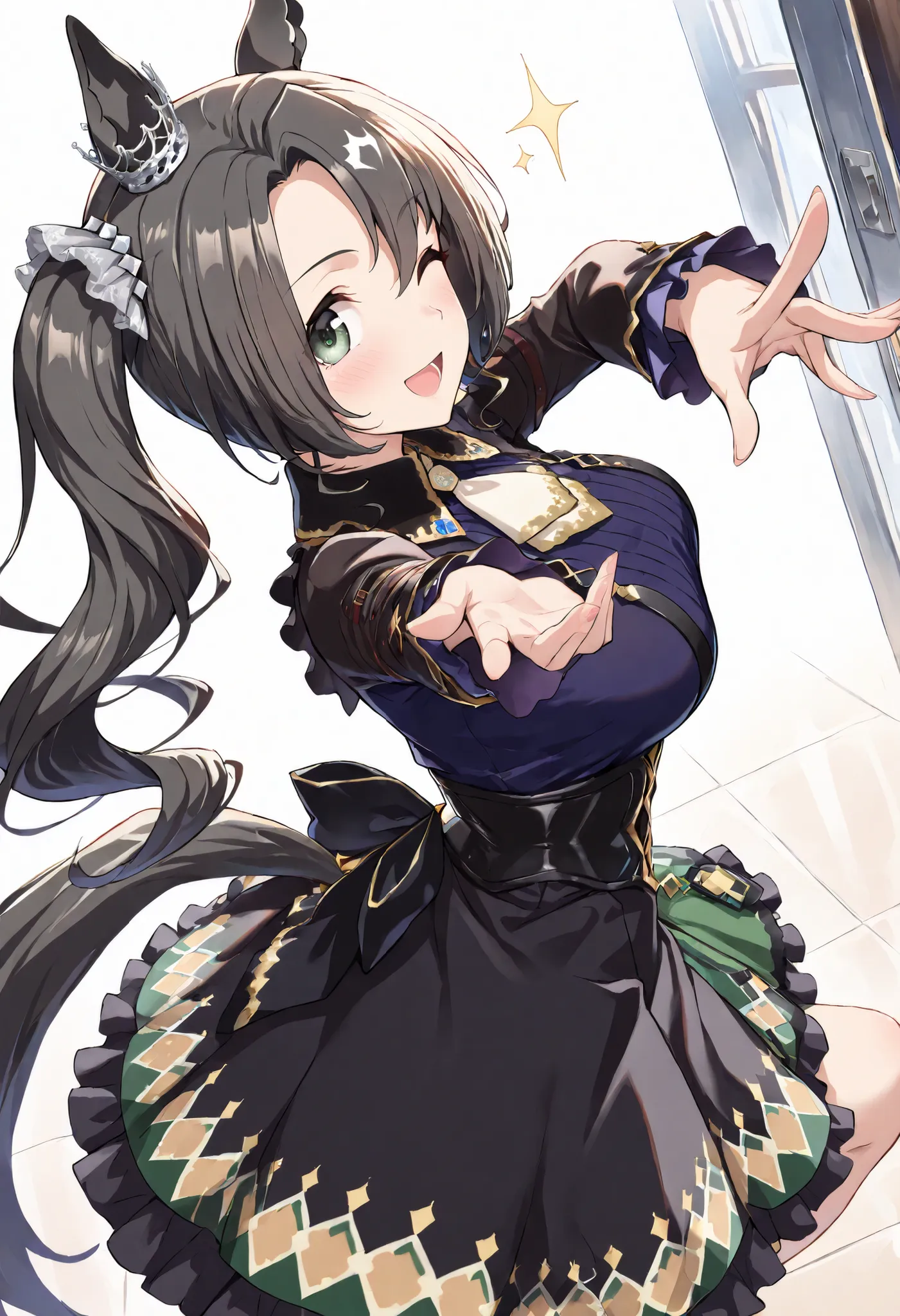 (masterpiece, best quality, perfect face:1.4), wide angle, satono crown \(umamusume\), 1girl, side ponytail, hair scrunchie, horse ears, ear ornament, horse tail, tail on the lower back, proportional, beautiful hair, beautiful face, beautiful detailed eyes...