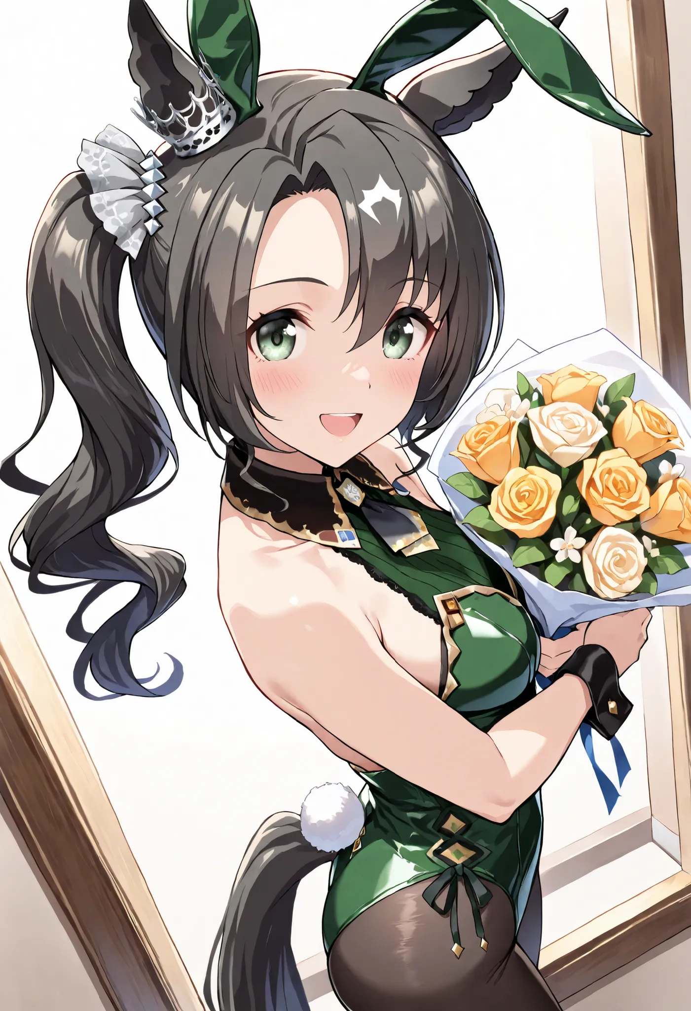 (masterpiece, best quality, perfect face:1.4), wide angle, satono crown \(umamusume\), 1girl, side ponytail, hair scrunchie, horse ears, ear ornament, horse tail, tail on the lower back, proportional, beautiful hair, beautiful face, beautiful detailed eyes...