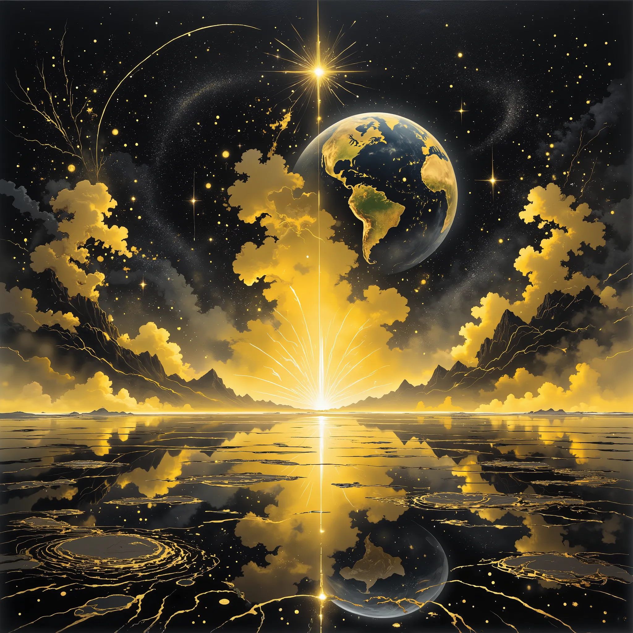 A large expanse of water in space, with images of beautiful earth  reflected in it.rearistic,yellow water