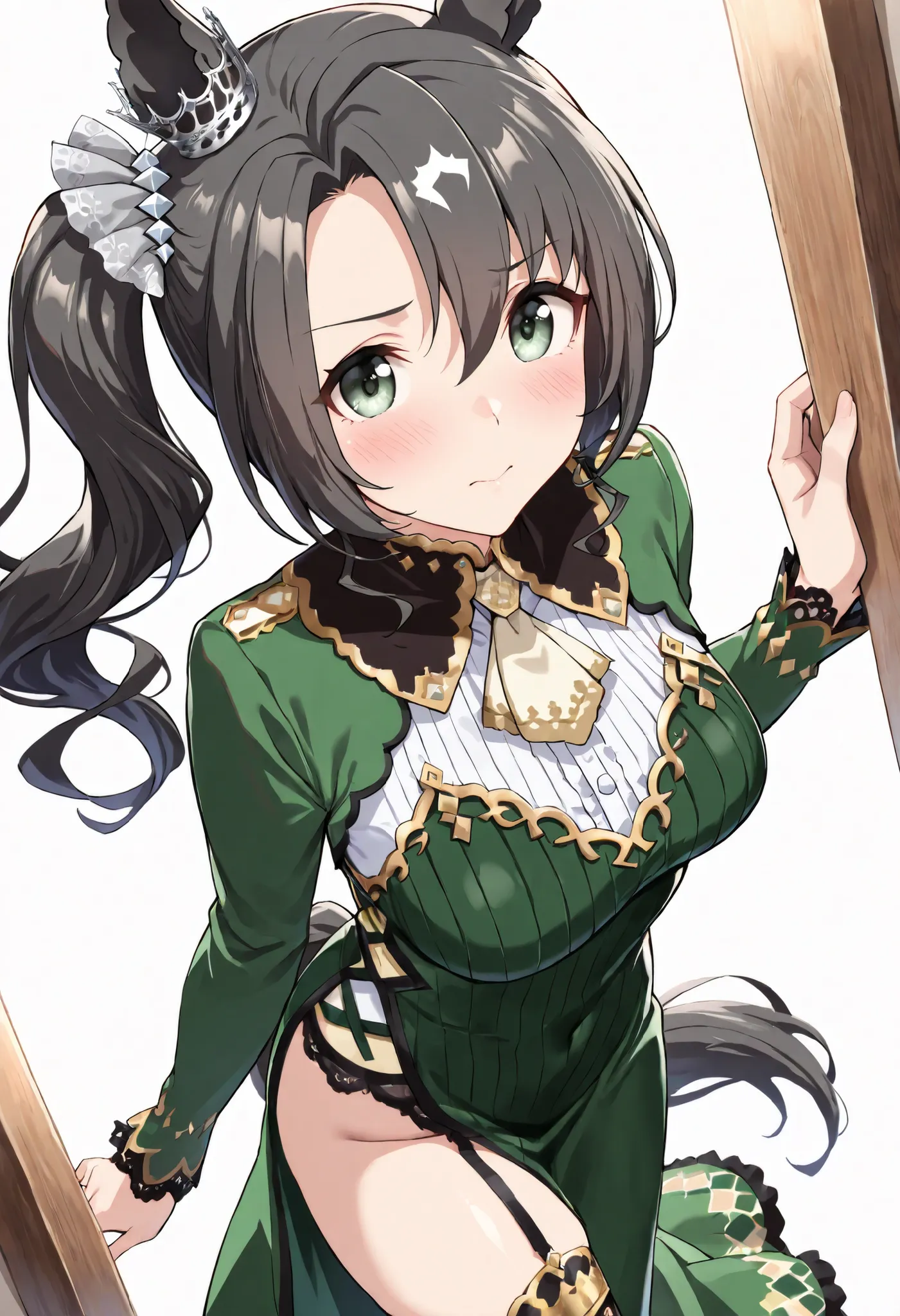 (masterpiece, best quality, perfect face:1.4), wide angle, satono crown \(umamusume\), 1girl, side ponytail, hair scrunchie, horse ears, ear ornament, horse tail, tail on the lower back, proportional, beautiful hair, beautiful face, beautiful detailed eyes...