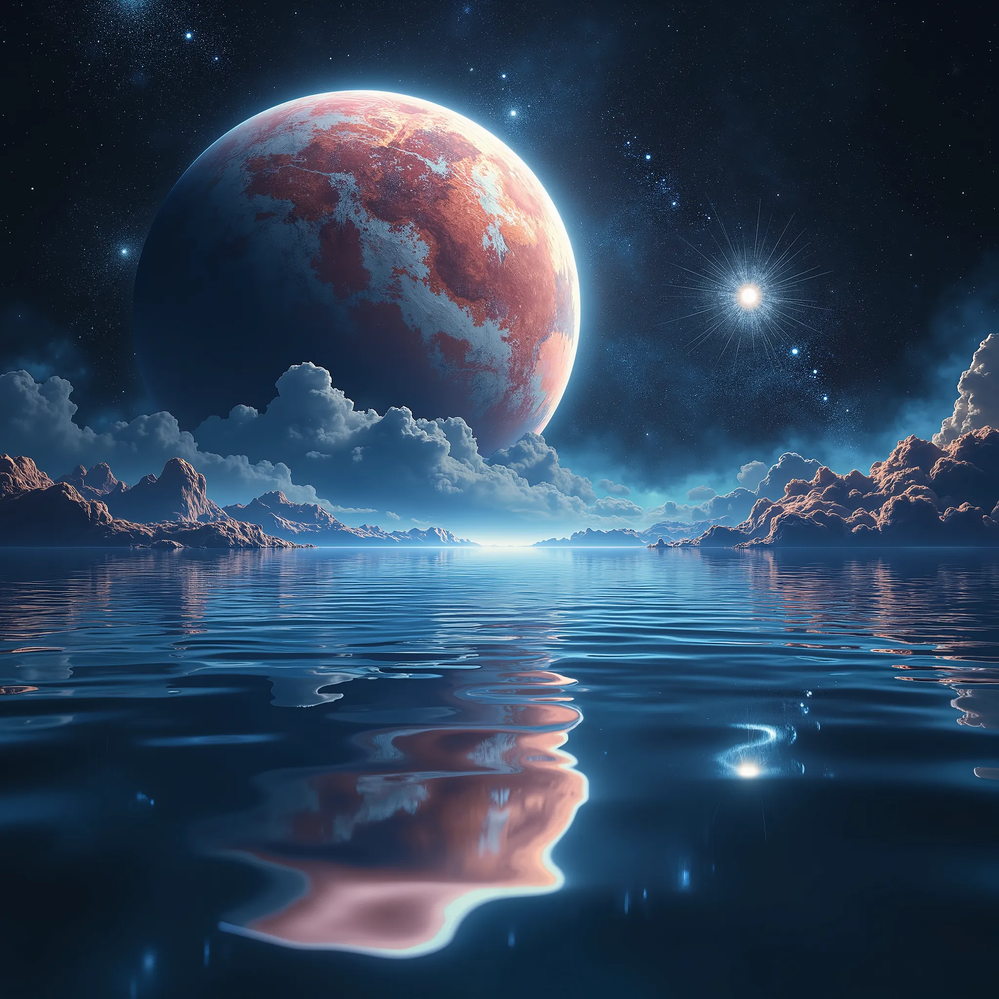 A large expanse of water in space, with images of beautiful   reflected in it.rearistic,wave water,ultra clear colors , Mystical and fantastical, various colors,gradation