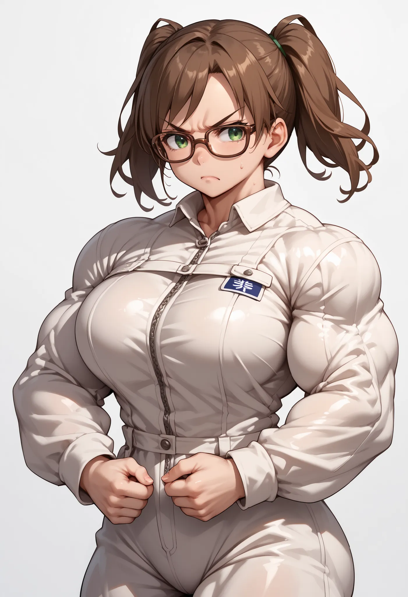 source_anime ,score_9, score_8_ up, score_7, ((White background)) ((japan woman)) ((1girl)) (solo girl) ,30 years old, rathing_questionable ,((white full jumpsuit:1.3)) green eyes , (double ponytail) ,(Brown glasses:1.3) ((big breasts:1.0)) ,((hyper mus...