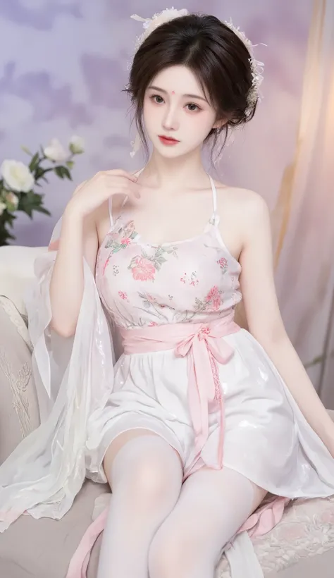 robe, 1 girl, [[  eyes, 白flower, ribbon, Chest,  白色 Chinese clothing   ,    Chinese clothing   , skirt, flower, Gradient   , Gradient    background, embroidered ball flower, Watch the audience, small Chest, white pantyhose, Single, thigh 连裤袜