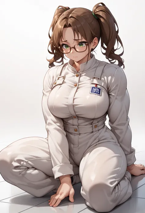 source_anime ,score_9, score_8_ up, score_7, ((White background))  ((japan woman)) ((1girl)) (solo girl) ,30 years old, rathing_questionable ,((white full jumpsuit:1.3))   green eyes , (double ponytail) ,(Brown glasses:1.3) ((big breasts:1.0)) ,((hyper mus...