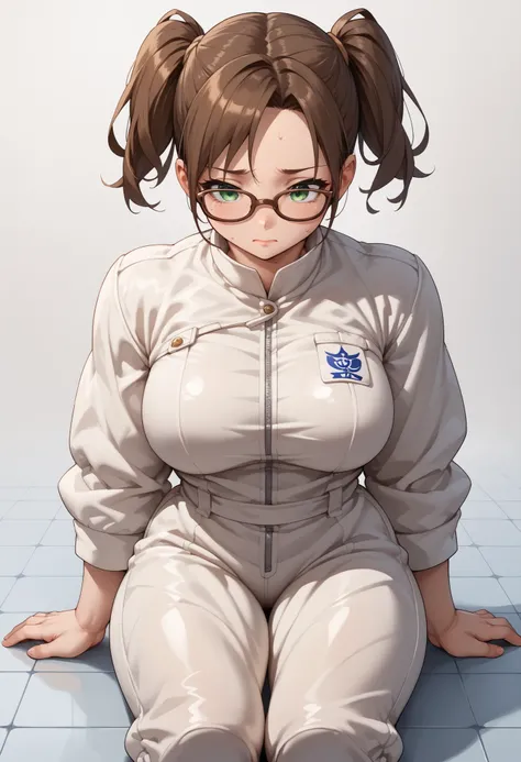 source_anime ,score_9, score_8_ up, score_7, ((White background))  ((japan woman)) ((1girl)) (solo girl) ,30 years old, rathing_questionable ,((white full jumpsuit:1.3))   green eyes , (double ponytail) ,(Brown glasses:1.3) ((big breasts:1.0)) ,((hyper mus...