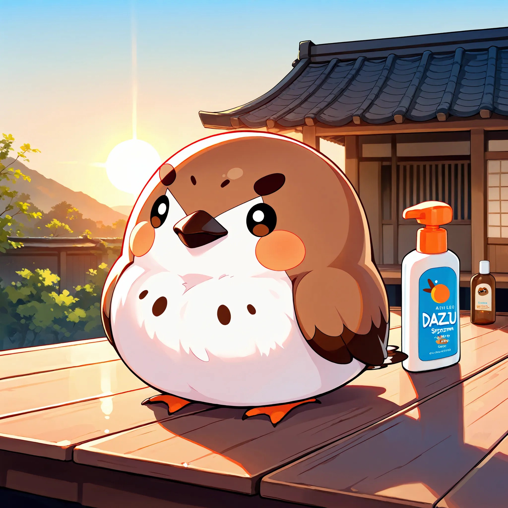 Masterpiece,Best quality, ultra detailed,Japanese Anime style, (cute brown sparrow mascot) , round body, fluffy body,brown color body,simple face, cute appearance, Shocked, bottle of sunscreen, on the roof of a Japanese house, dazzling sun, clear skies,