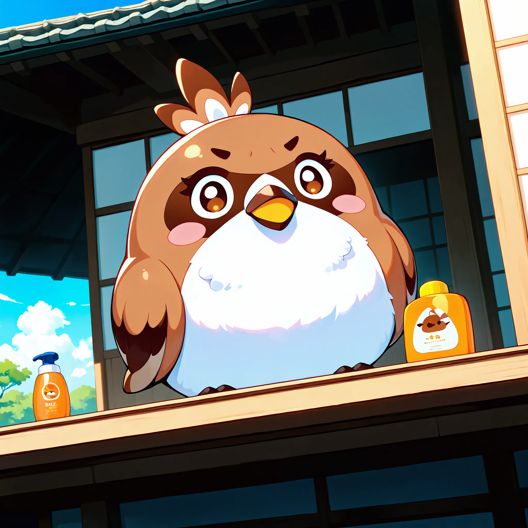 Masterpiece,Best quality, ultra detailed,Japanese Anime style, (cute brown sparrow mascot) , round body, fluffy body,brown color body,simple face, cute appearance, Shocked, bottle of sunscreen, on the roof of a Japanese house, dazzling sun, clear skies,