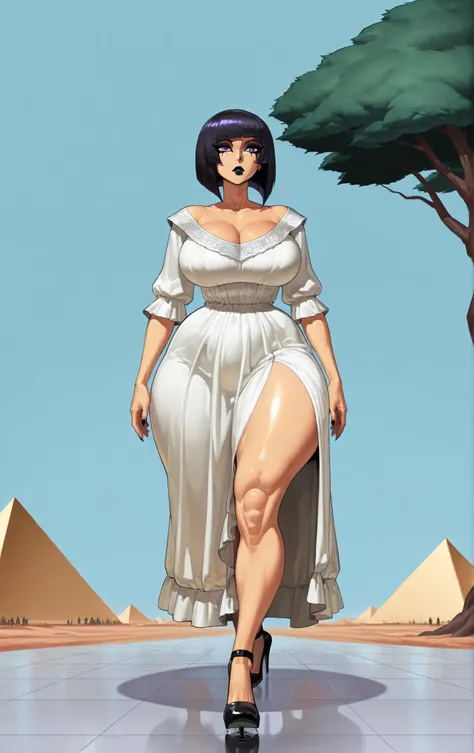A girl, background pyramid, ( bangs ), purple eyes ,Black lipstick, cut Bob short layers, dark hair, big breasts, thick thighs , wide hips, large white dress, heels, (walking on ceramic floor, Nearby there is tree), loose Victorian dress, desert sky...