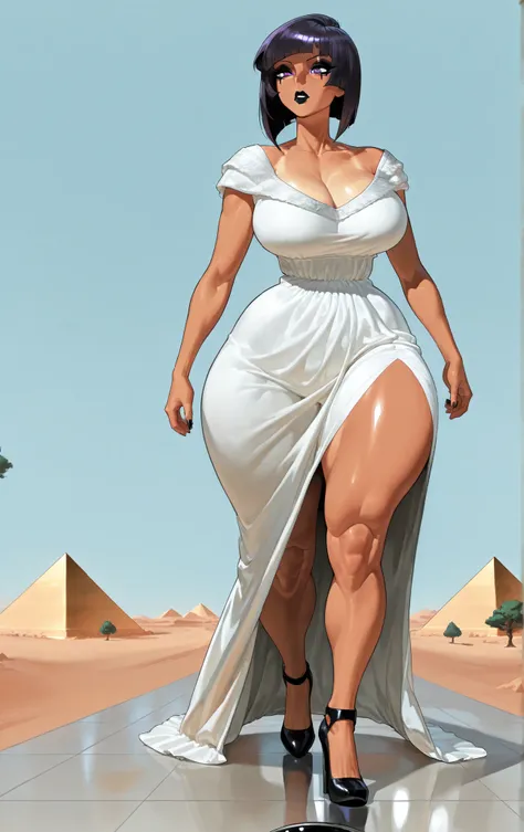 A girl, background pyramid, ( bangs ), purple eyes ,Black lipstick, cut Bob short layers, dark hair, big breasts, thick thighs , wide hips, large white dress, heels, (walking on ceramic floor, Nearby there is tree), loose Victorian dress, desert sky...