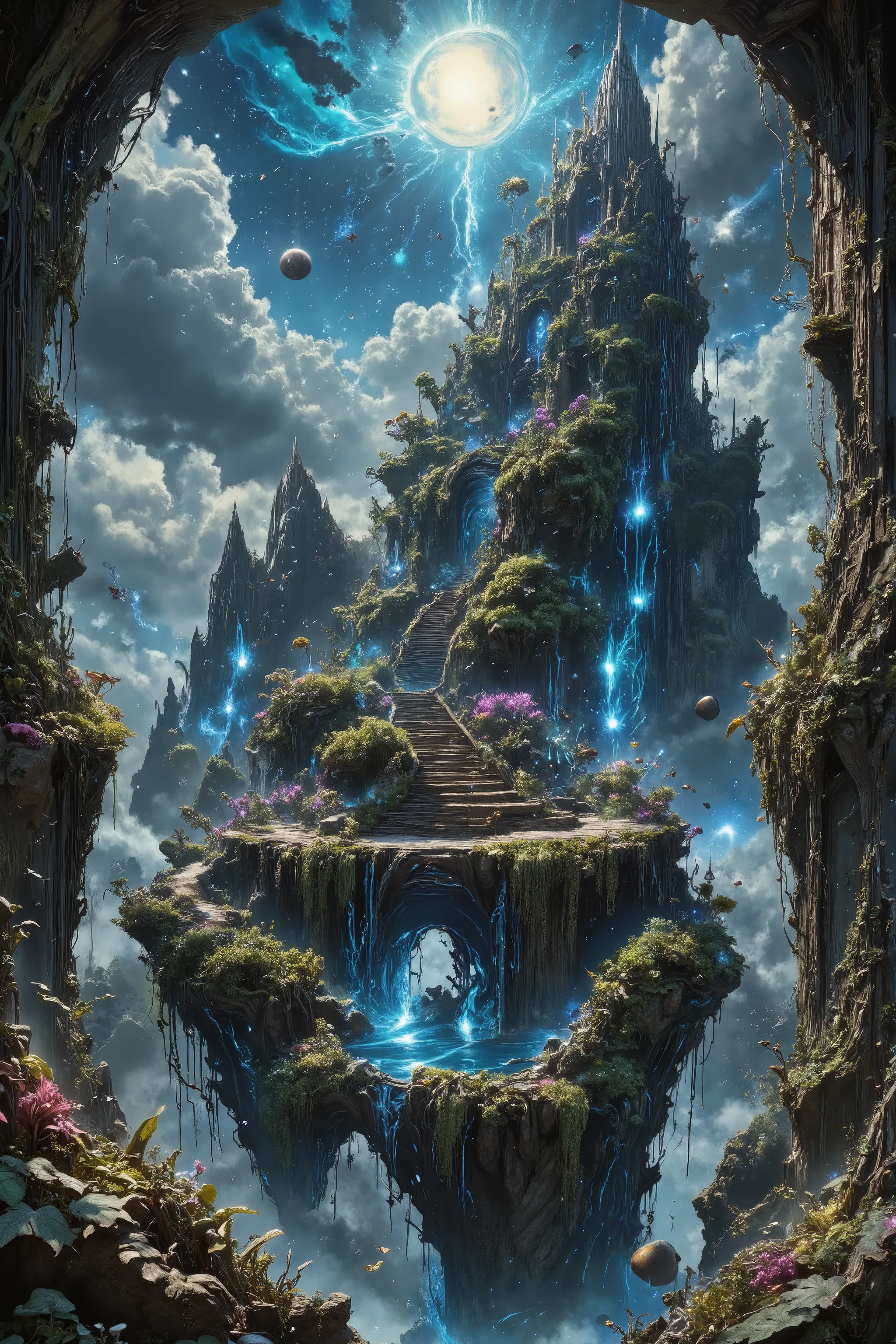 A massive spiral staircase made of flowering stone, rising into a glowing nebula sky. Lush garden terraces grow from the steps, filled with floating plants and sparkling cosmic vines. Gravity defying flora sways gently in space-breeze, stardust trickles fr...