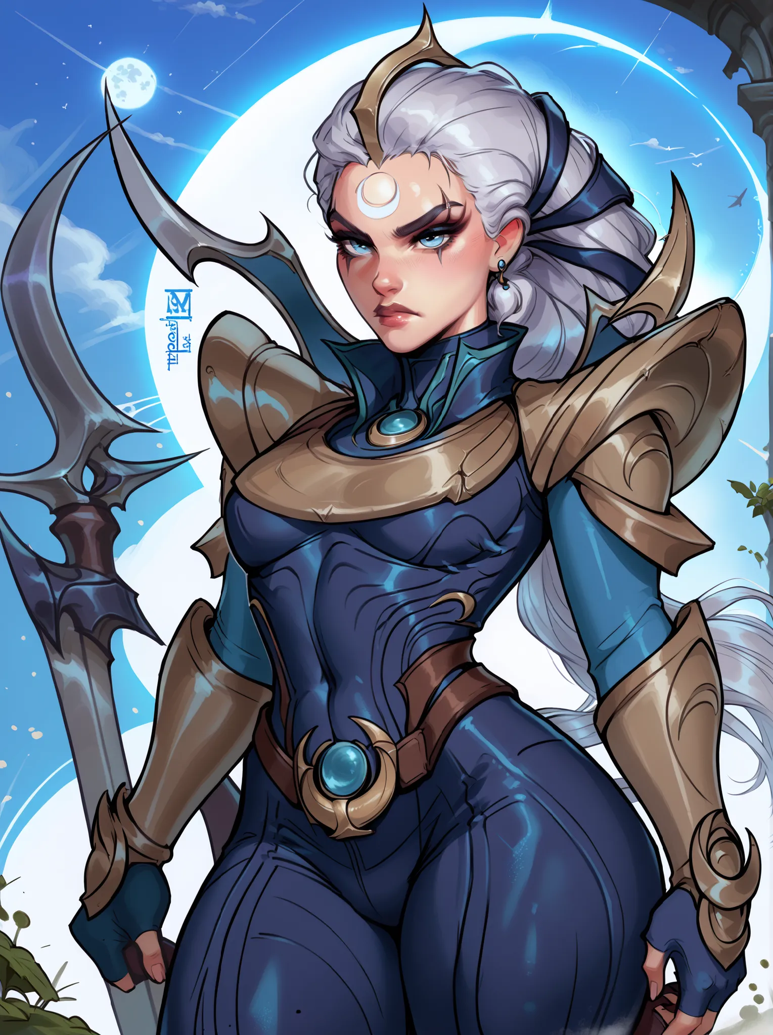 Diana from League of Legends, standing in a moonlit battlefield, long silver hair flowing, piercing pale blue eyes, wearing dark armor with silver crescent moon motifs, holding her (large), (curved crescent) blade, dramatic backlighting from a full moon, s...