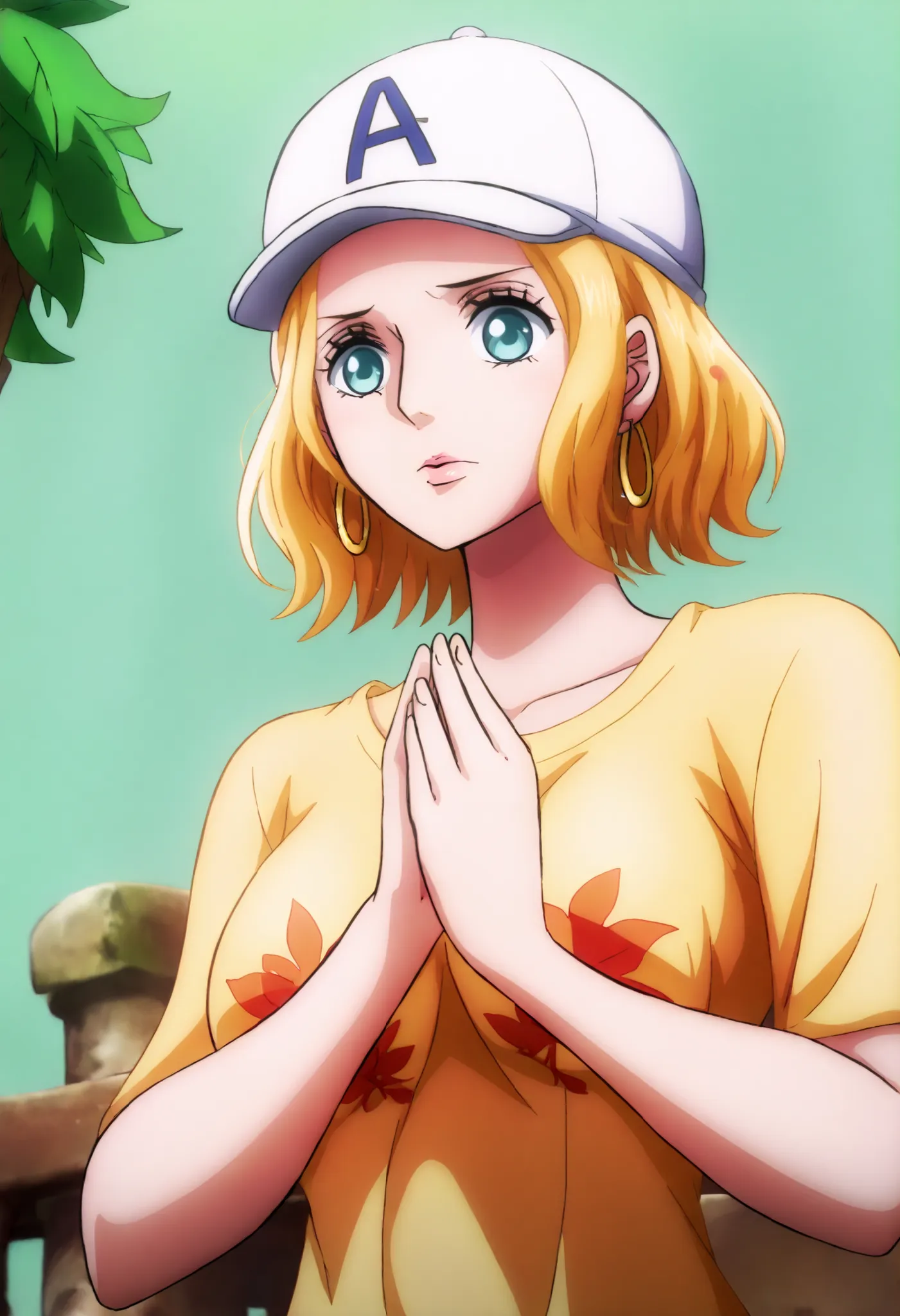 masterpiece, best quality, intricate details, looking at the spectator, , A full body girl, aqua eyes, baseball cap, blond hair, mouth shut, earrings, green background, has, hoop earrings, joyería, looking at the spectator, shirt, short hair, Fondo simple,...