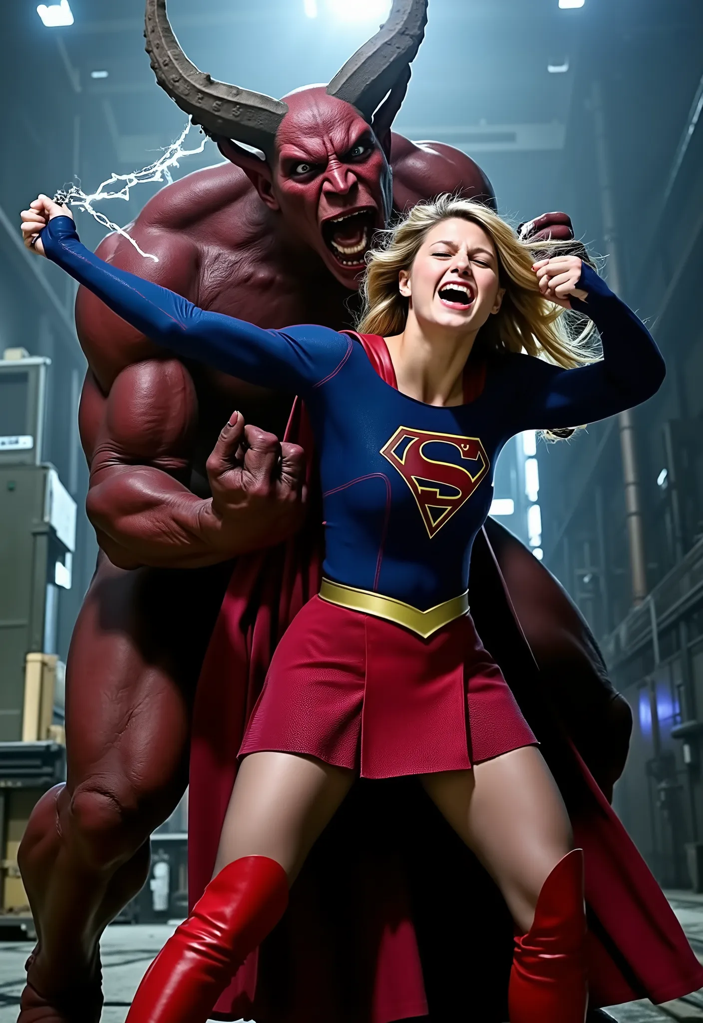 Melissa Benoist as Supergirl, fighting with a strong fierce devil, she is screaming in pain, arms tied with lighting chain behind her back, try to resist, wearing a Supergirl costume, blue shirt and very short skirt, red high boots, she is attacked from be...
