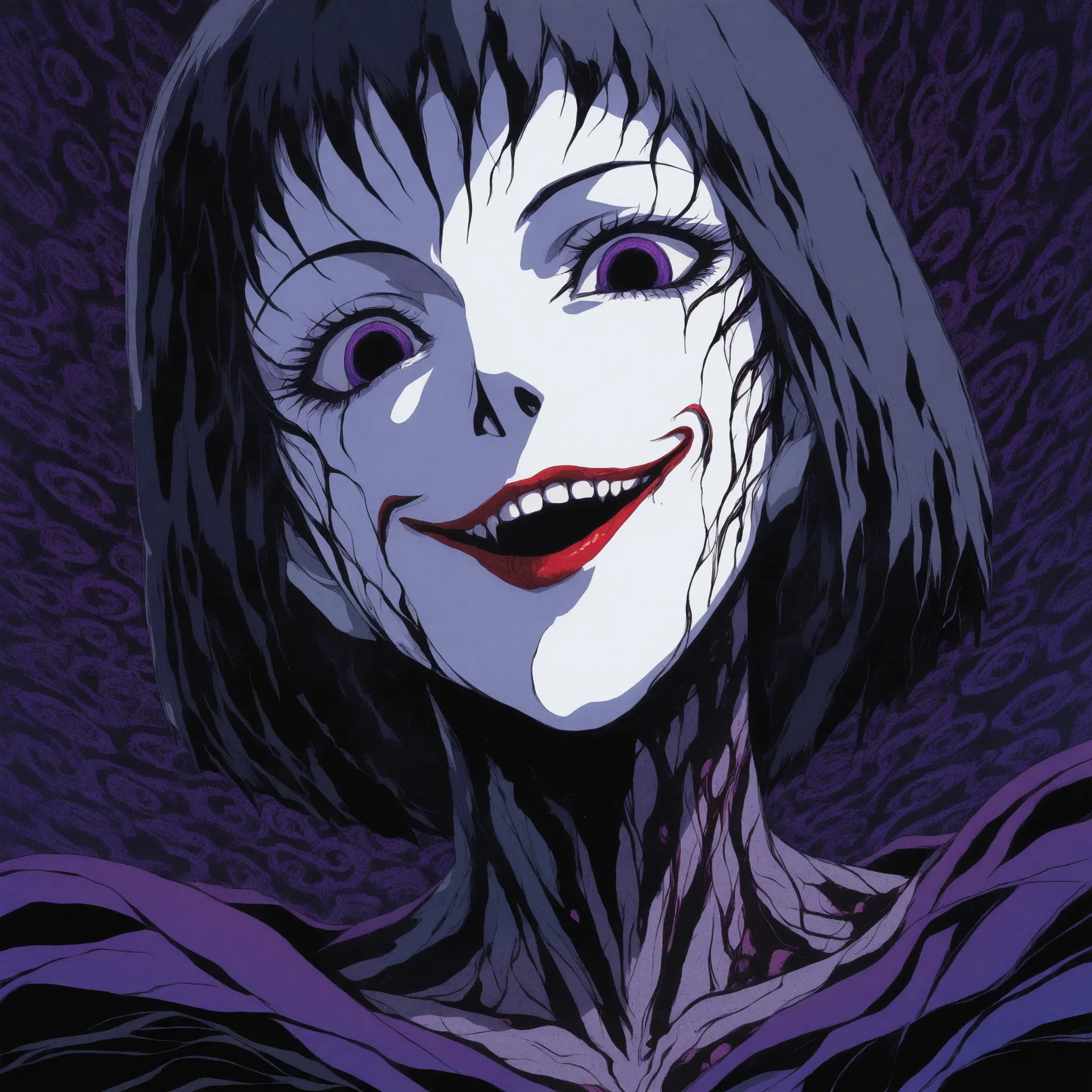illustration, detailed portrait of a young woman, manga style, Junji Ito inspired, extreme detail, high contrast, precise linework, pale skin, hollow sunken cheeks, detailed abnormal eyes with dark circles, distorted wide smile, twisted body horror, spiral...