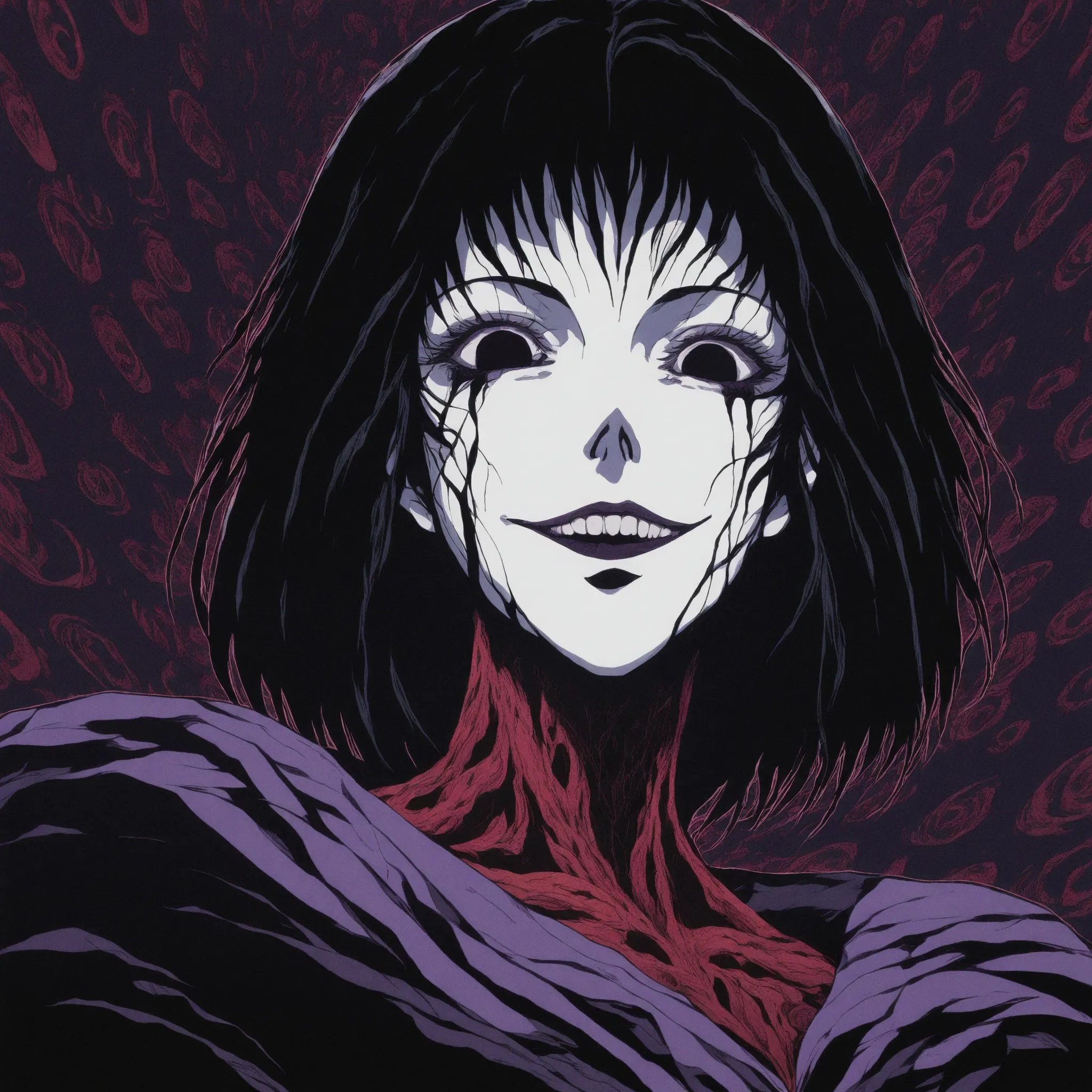 illustration, detailed portrait of a young woman, manga style, Junji Ito inspired, extreme detail, high contrast, precise linework, pale skin, hollow sunken cheeks, detailed abnormal eyes with dark circles, distorted wide smile, twisted body horror, spiral...