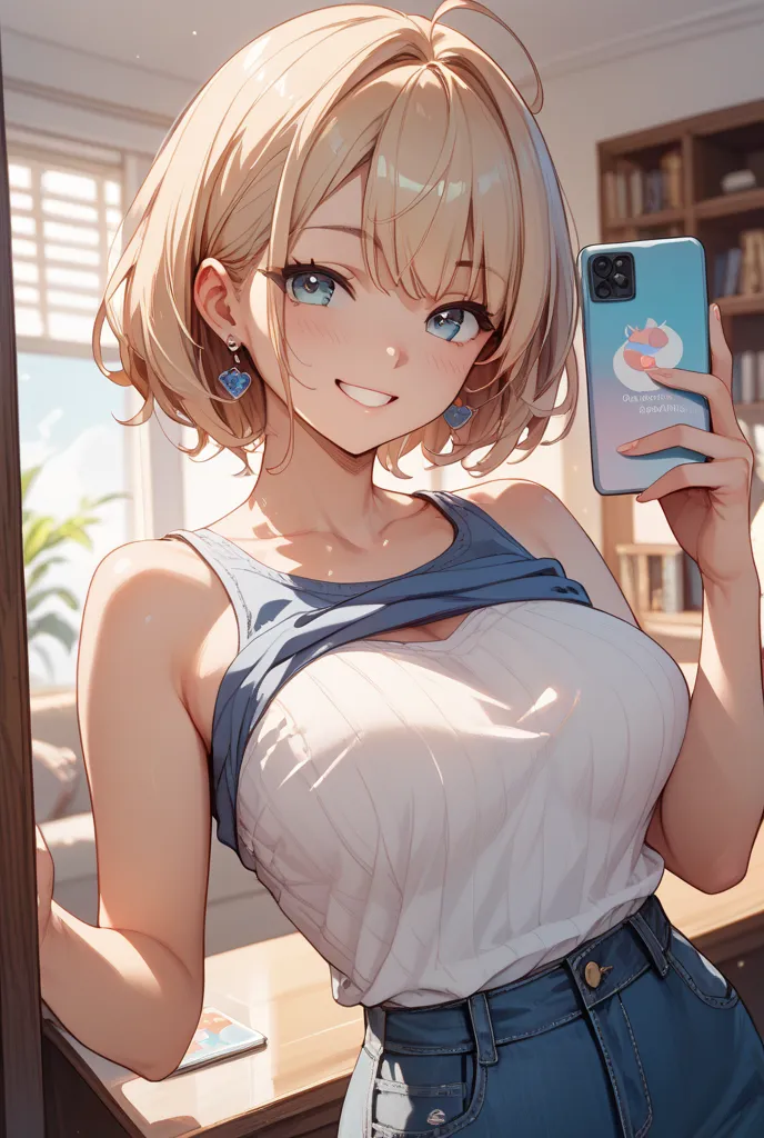 1 woman、Woman jumping out of smartphone screen、smile、masterpiece、Highest Quality、uncensored