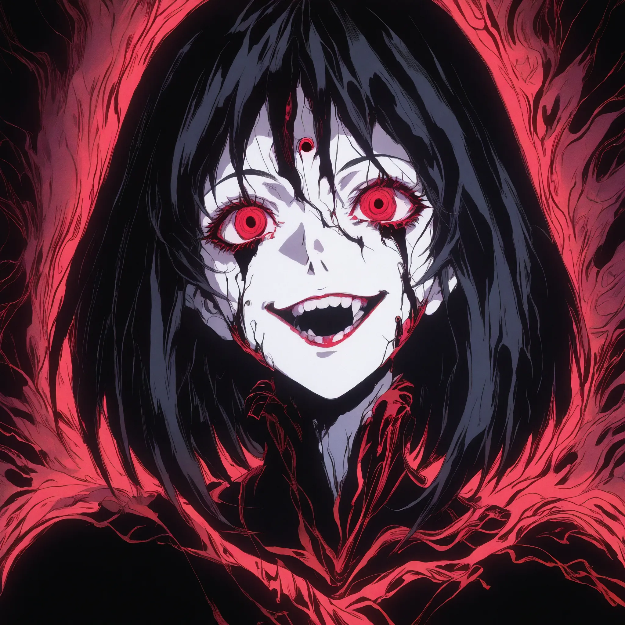illustration, detailed portrait of a young woman, extreme detail, high contrast, precise linework,  laugh , crazy ,pale skin, hollow sunken cheeks, detailed abnormal eyes with dark circles, distorted wide smile, twisted body horror, spiral patterns, grotes...