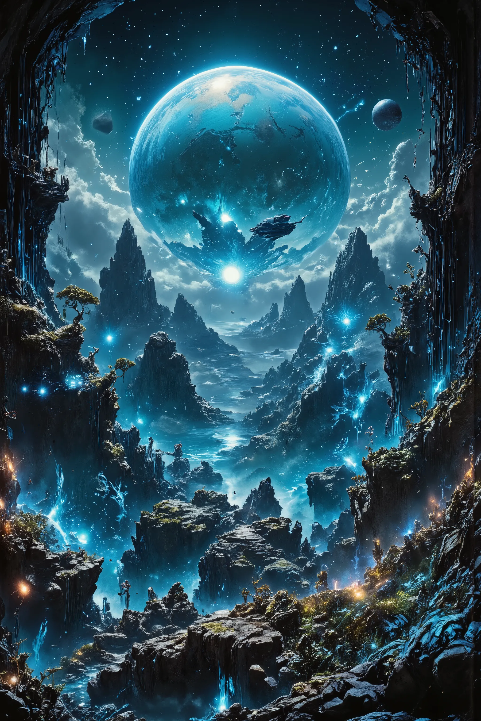 A futuristic garden built on a small asteroid drifting near a nebula. Holographic trees, glowing alien plants, and floating garden paths span the rocky surface. A quiet observation bench sits at the edge, facing a glowing gas giant in the distance. Dreamy ...