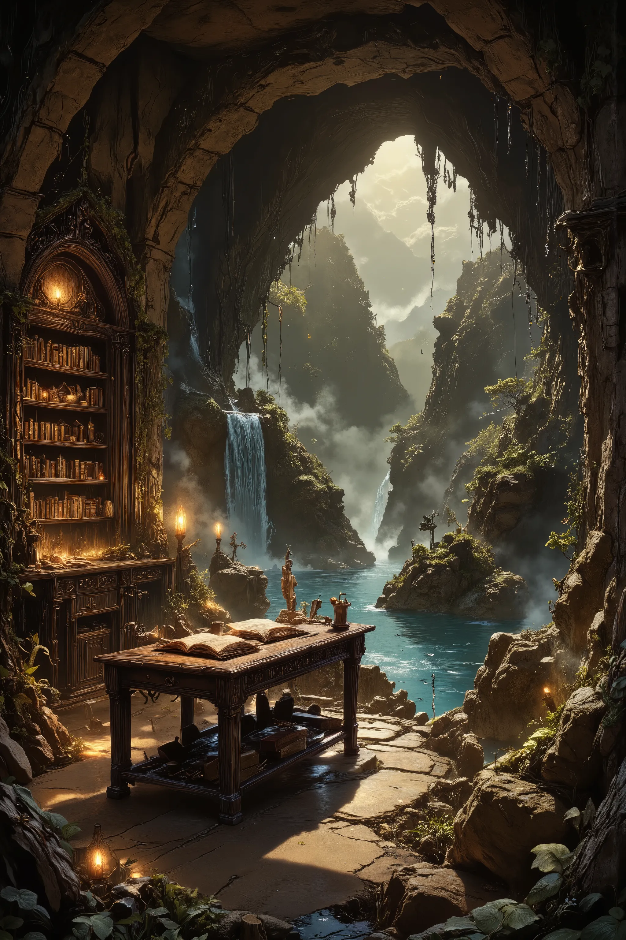 A peaceful underground stone library nestled in a warm, candle-lit mountain chamber. A small reading table with open books and glowing quills sits beside a natural hot spring. Ivy hangs from the ceiling, and a gentle waterfall trickles into a quiet pool ju...