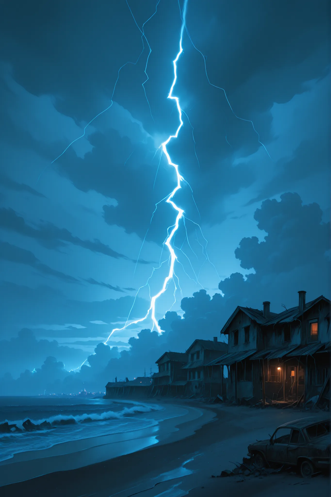 Pretty scenery, random scenery --no people, abandoned, foggy misty seaside beach, cloudy sky, cloudy, grungy, dark seaside town, thunderstorm, lightning