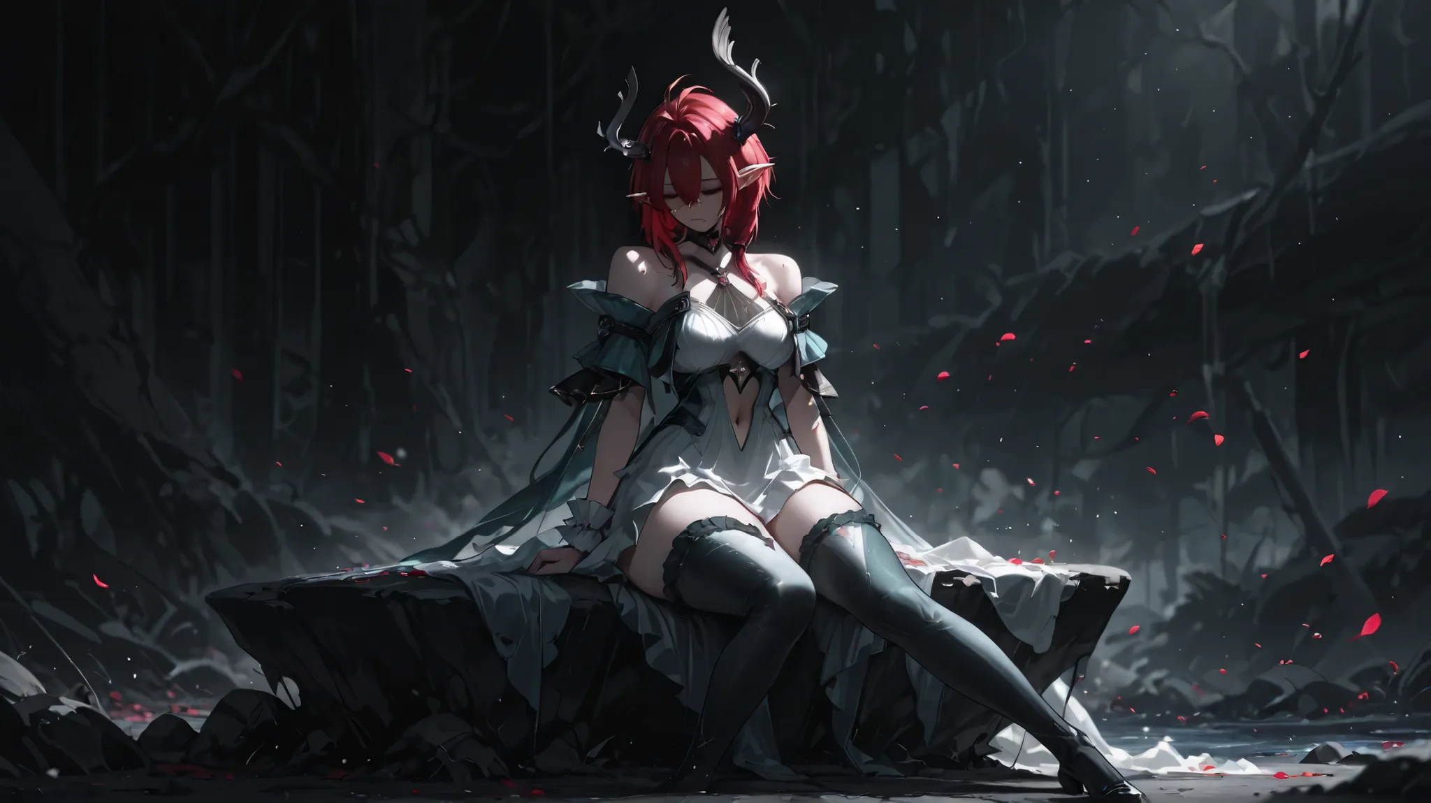 ((solo))   separate legs, sitting in the middle of nowhere, crying, tears, not looking, sitting on a rock,  ridiculously masterpiece, cold color, high contrast,  best quality,  masterpiece, huge thighs,  ciacconaciaccona \(wuthering waves\),1girl,solo,horn...