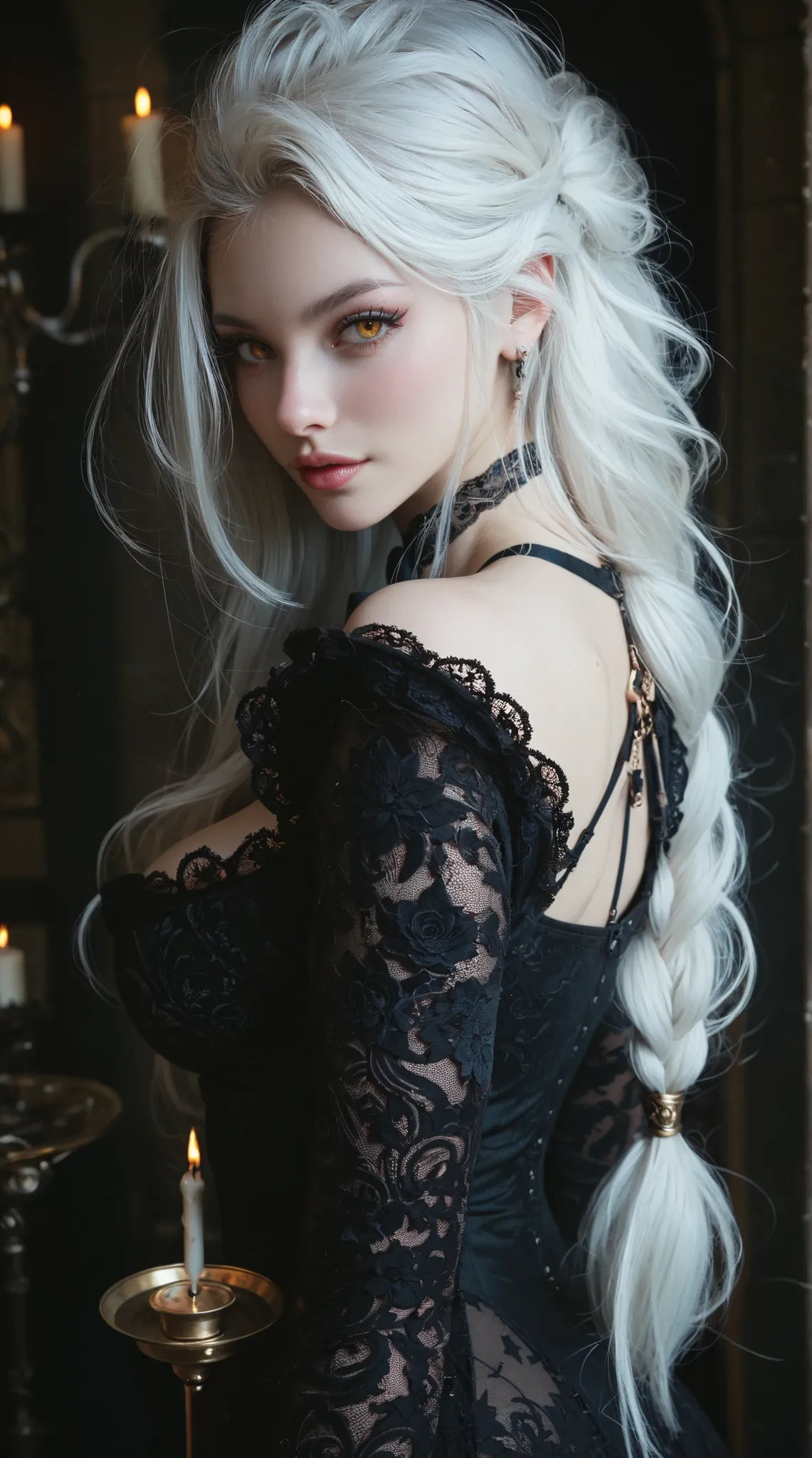 a girl，long white hair，Golden Eyes，Magician，Big breasts，very big ，white dress long dress，Castle background，gothic architecture，Candle，Candlestick