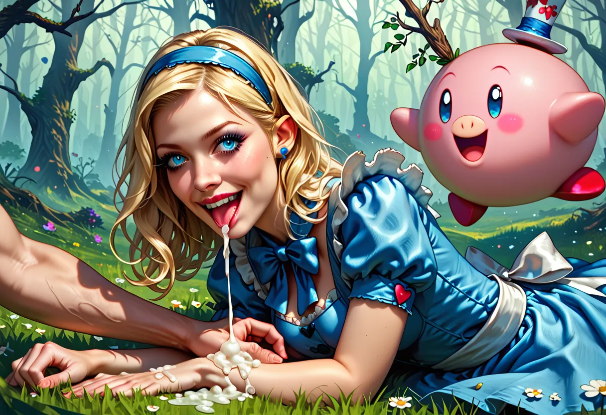 Alice and the Mad Hatter from Alice in Wonderland, blonde hair, blue dress, ripped panties, making out, making out with the Mad Hatter, he is squeezing her boobies, she is massaging his cock, stroking it, white stick fluid is oozing out, onto her hands and...