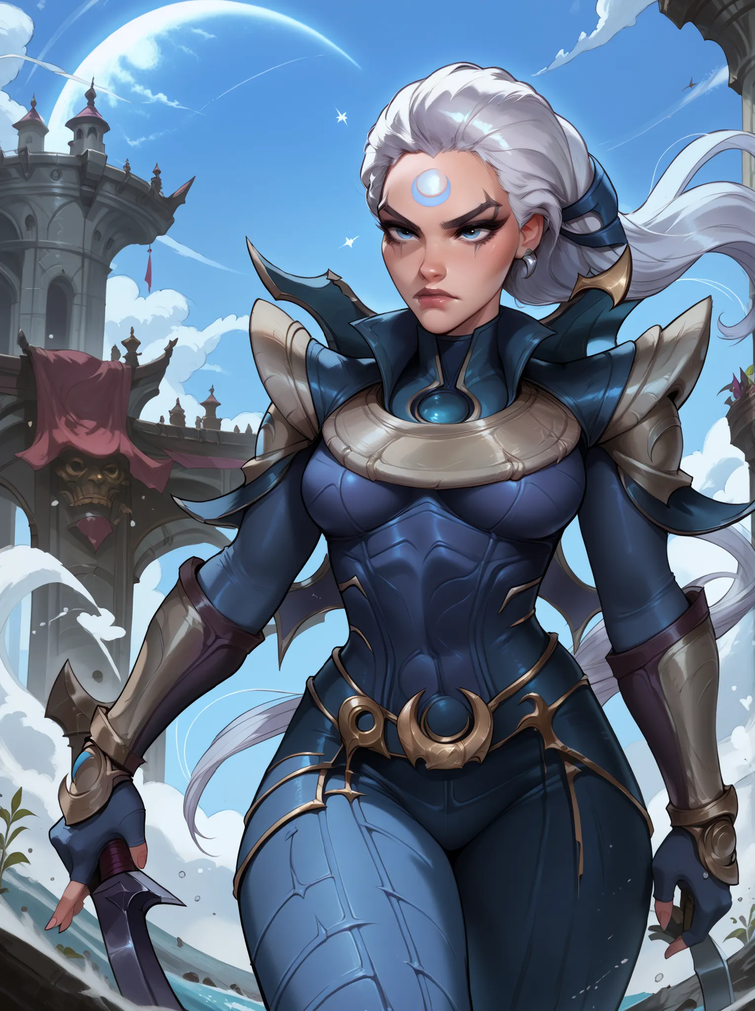 Diana from League of Legends, standing in a moonlit battlefield, long silver hair flowing, piercing pale blue eyes, wearing dark armor with silver crescent moon motifs, holding her (large), (curved crescent) blade, dramatic backlighting from a full moon, s...