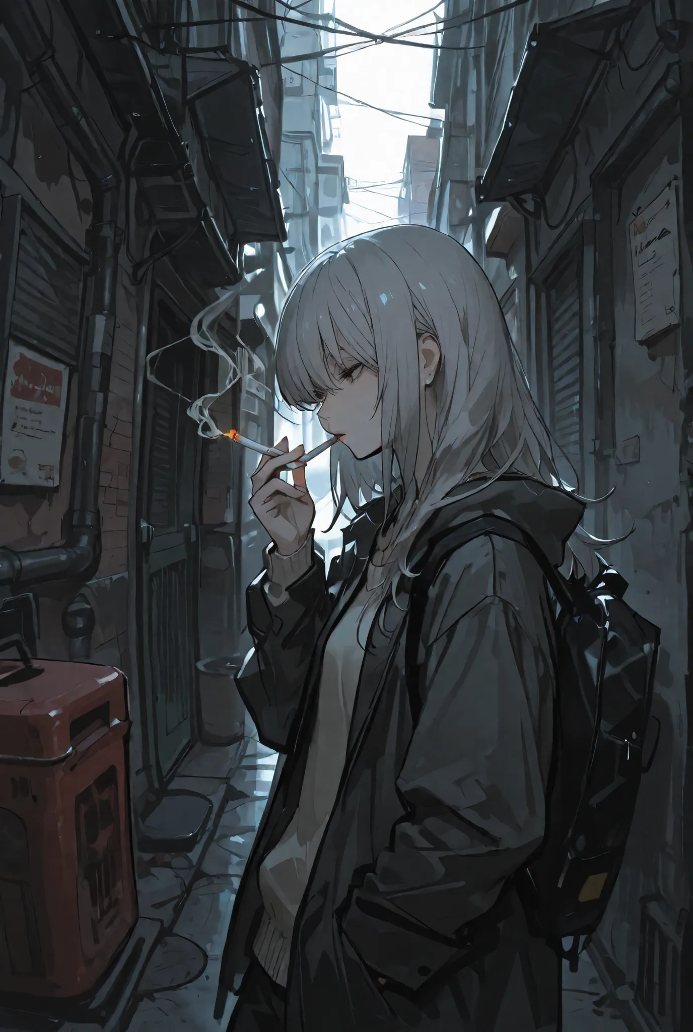 Gray-haired woman smoking a cigarette in the back alley