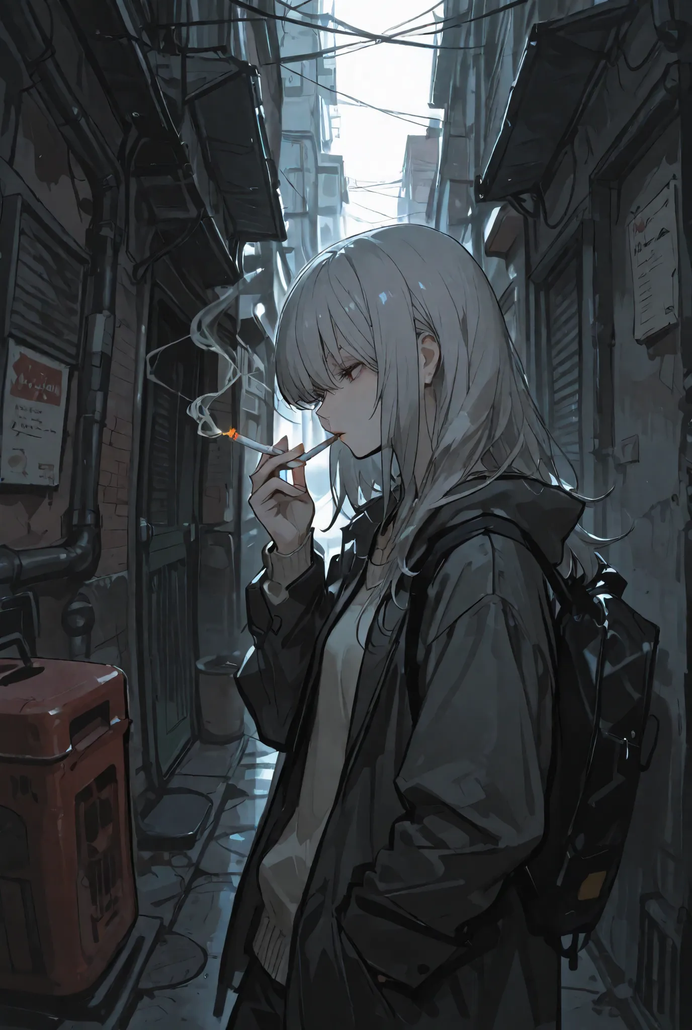 Gray-haired woman smoking a cigarette in the back alley