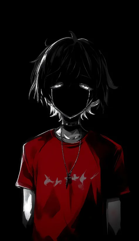 An anime-style sad young man, black and white color scheme, crying with visible tears, unhealthy and thin appearance, poor-looking, wearing a red T-shirt, black background, emotional expression, soft shadows, moody lighting, sketch-art feel.