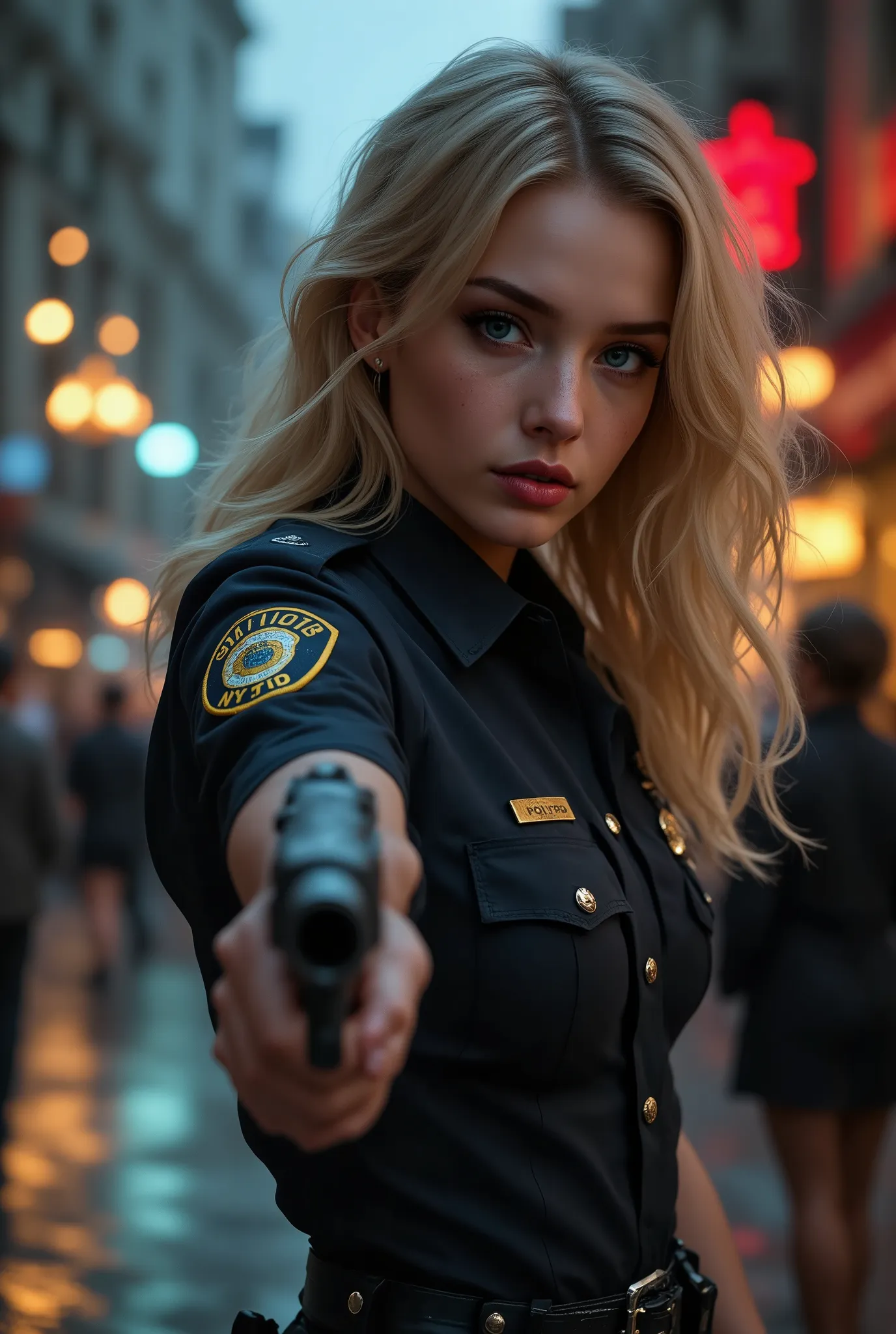 1 female 、 American beauty 、 Very beautiful 、Facial beauty、blue eyes、Familiar、 NYPD uniform 、short skirt、Golden hair 、Night Street 、backlight、 The wind blows 、This is some text to translate.'It's raining 、pointed gun. It looks very hard at the barre...