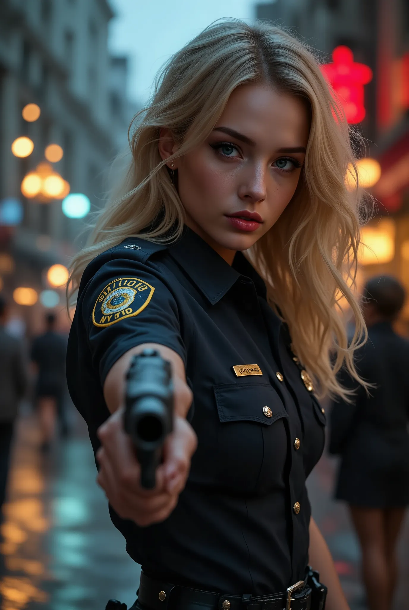 1 female 、 American beauty 、 Very beautiful 、Facial beauty、blue eyes、Familiar、 NYPD uniform 、short skirt、Golden hair 、Night Street 、backlight、 The wind blows 、This is some text to translate.'It's raining 、pointed gun. It looks very hard at the barre...