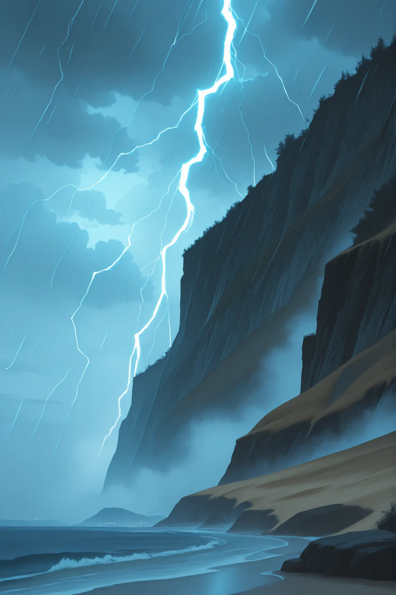 Pretty scenery, random scenery --no people, beach side cliff, mist, foggy, fog, cloudy, thunderstorms, lightning, rainy